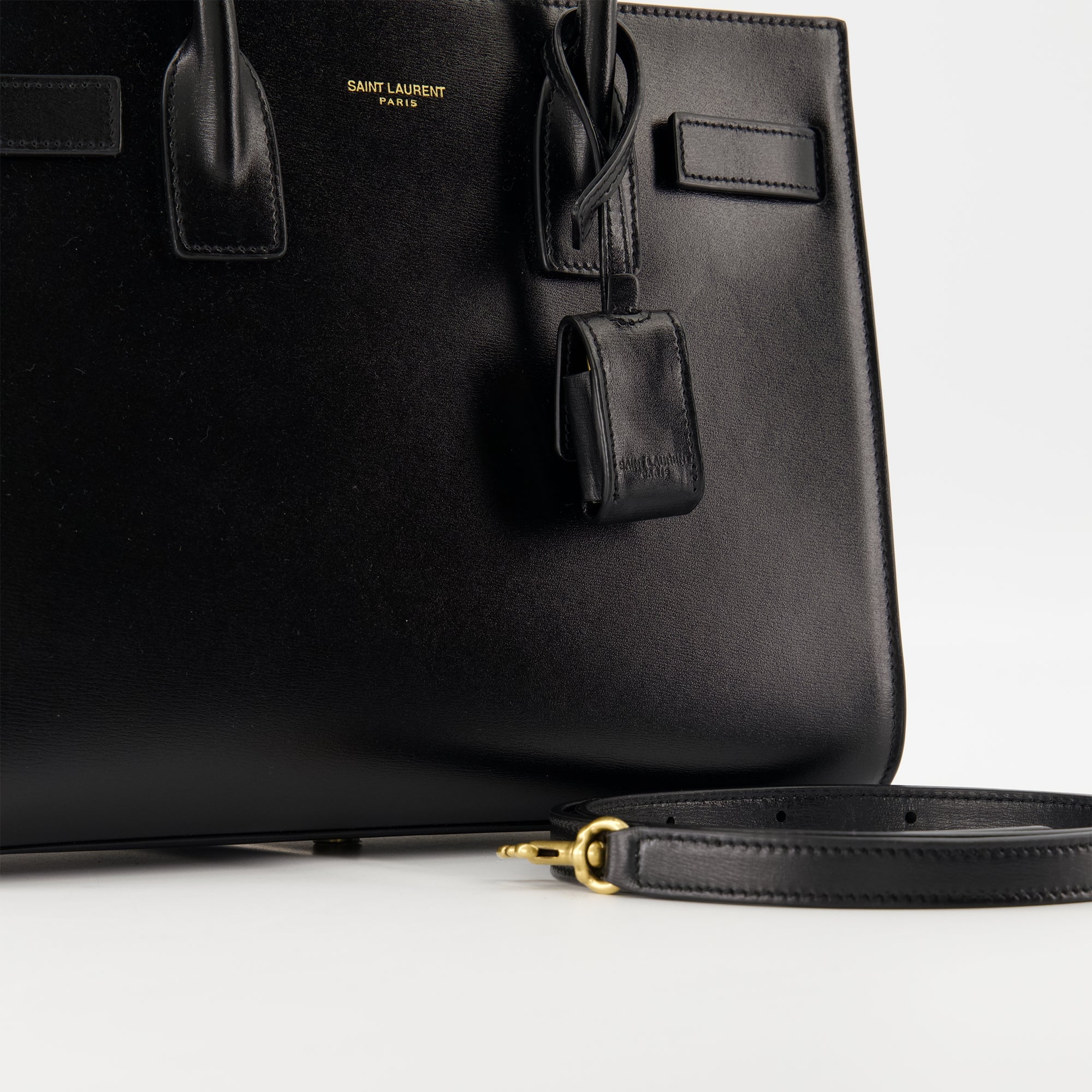 baby black day bag, Saint Laurent, smooth calf leather bag, elegant handbag, adjustable shoulder strap