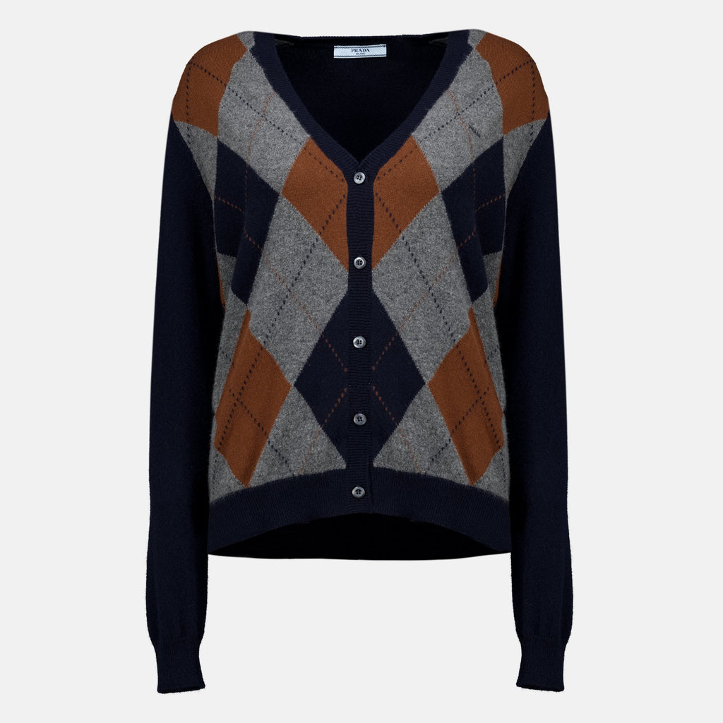 Navy Wool Check-Front Cardigan