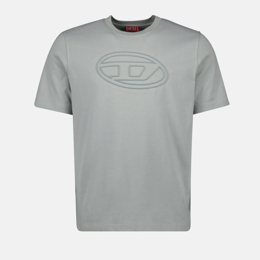 Diesel T-shirt, T-Adjust-Bigoval, blue-gray T-shirt, embossed logo tee, cotton T-shirt