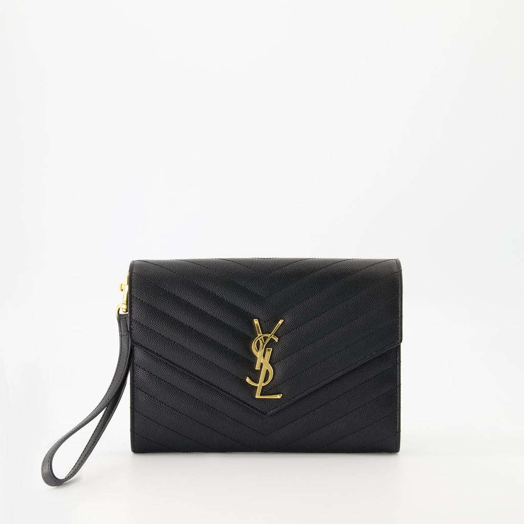 Cassandre pouch, Saint Laurent accessory, black leather pouch, designer handbag, stylish wristlet
