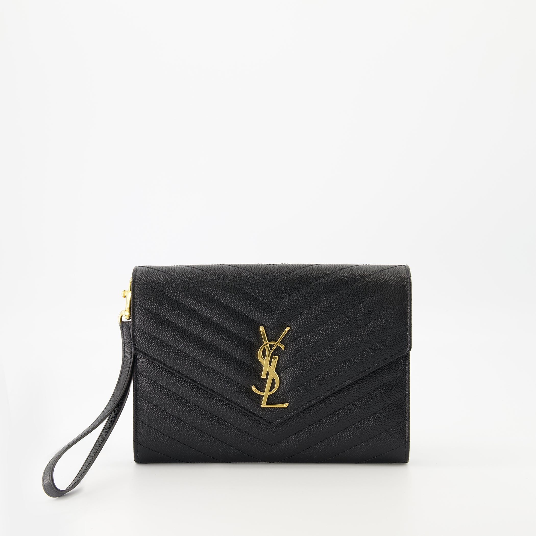 Cassandre pouch, Saint Laurent accessory, black leather pouch, designer handbag, stylish wristlet