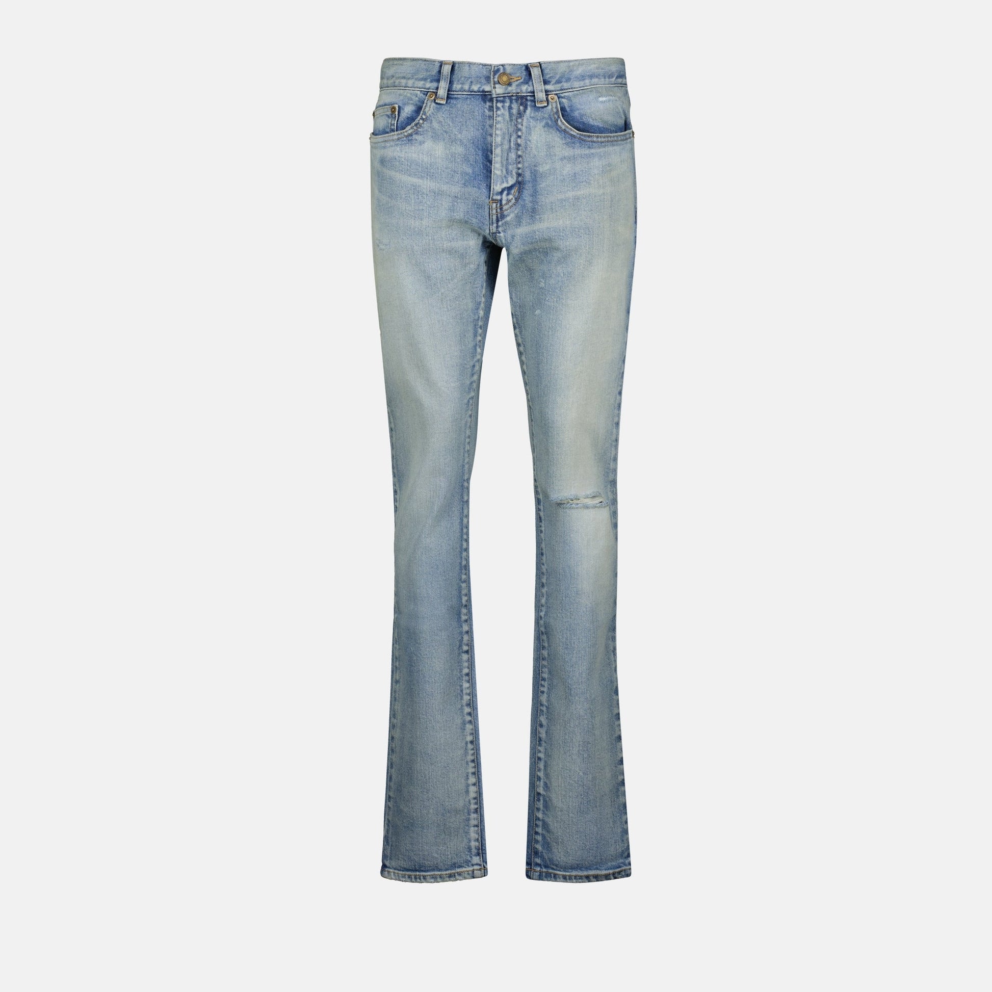 skinny fit jeans, blue washed jeans, Saint Laurent jeans, luxury denim, men's fashion