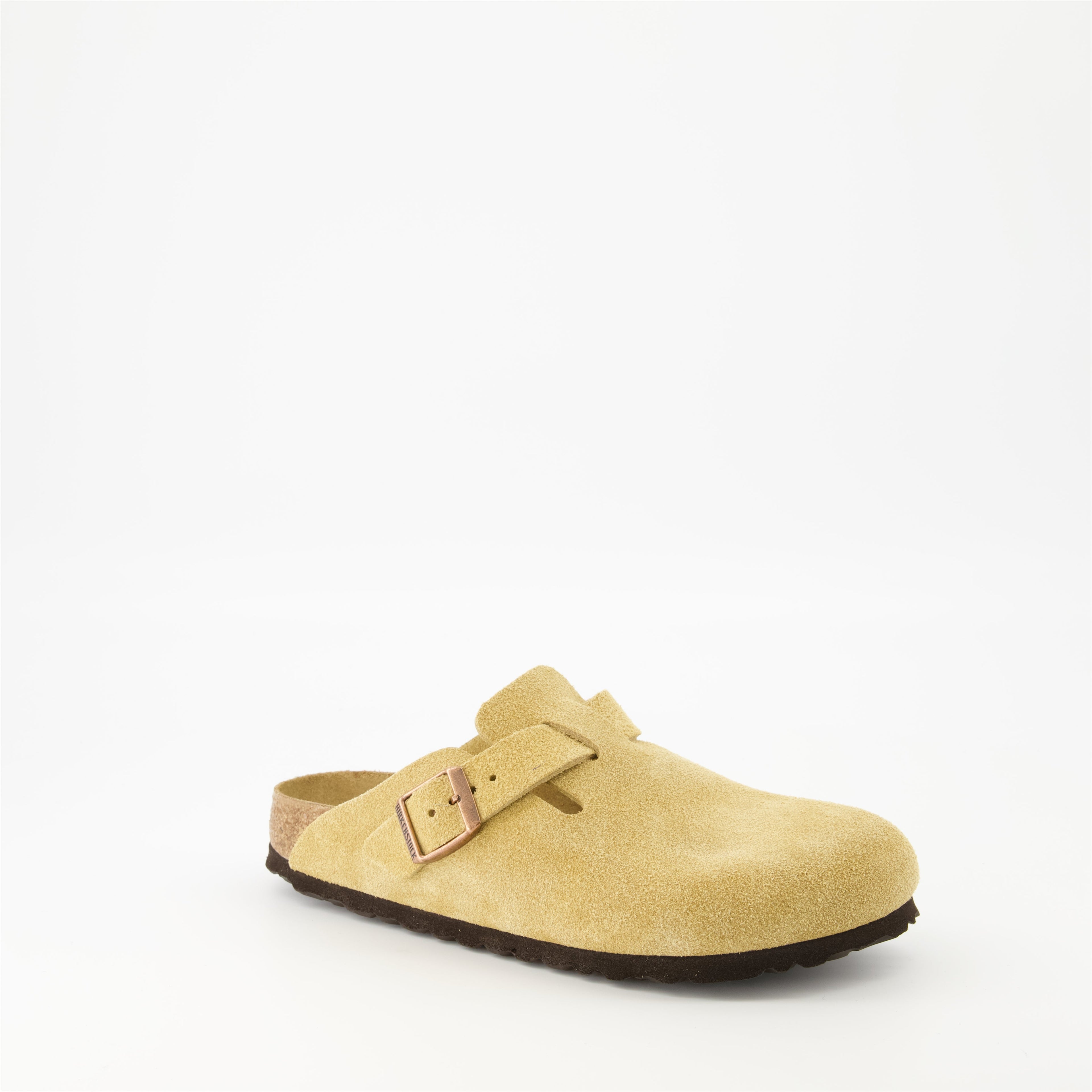 Birkenstock, Boston mules, beige mules, leather footwear, comfortable slip-ons