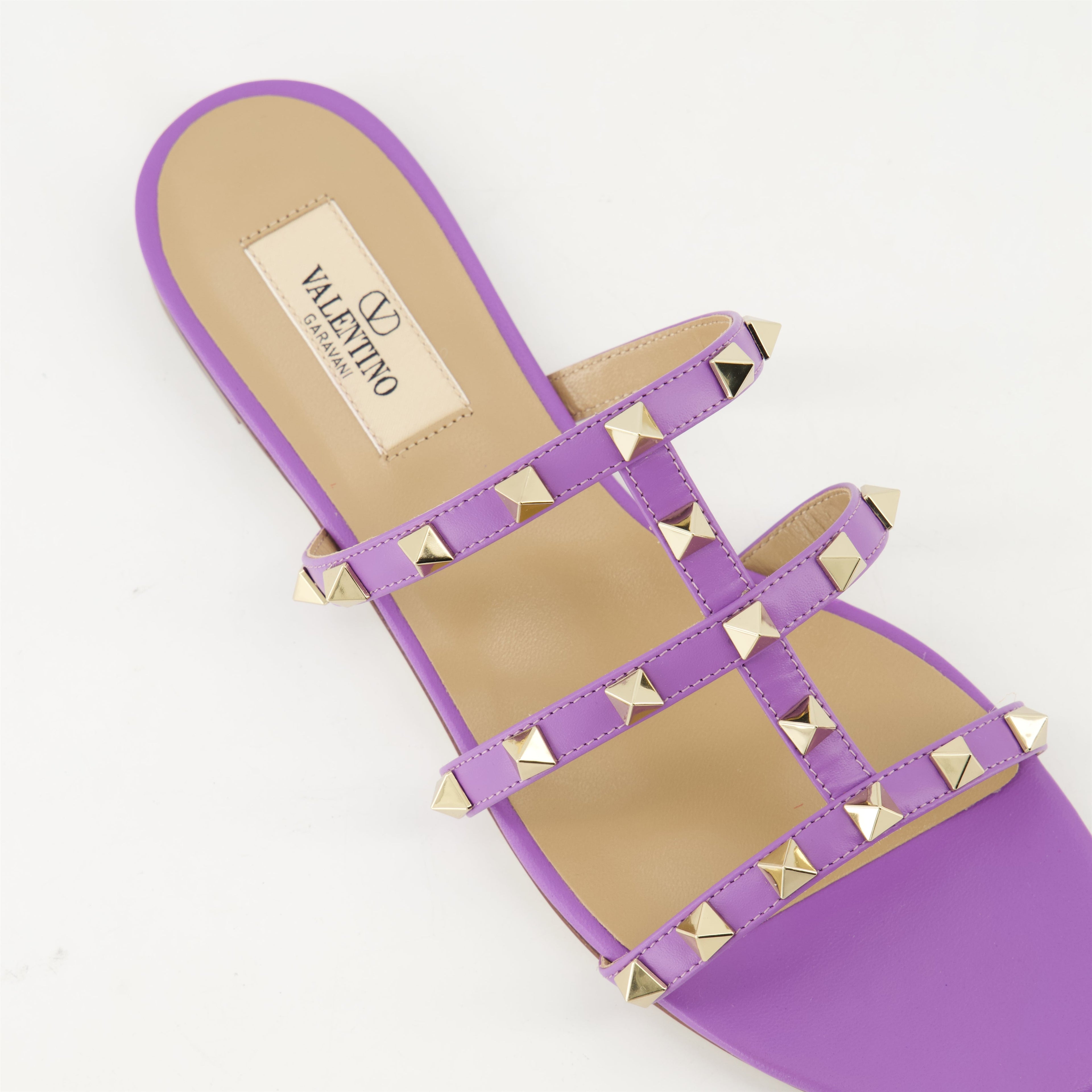 Rockstud sandals, violet leather sandals, designer footwear, spring-summer collection, stylish strap sandals