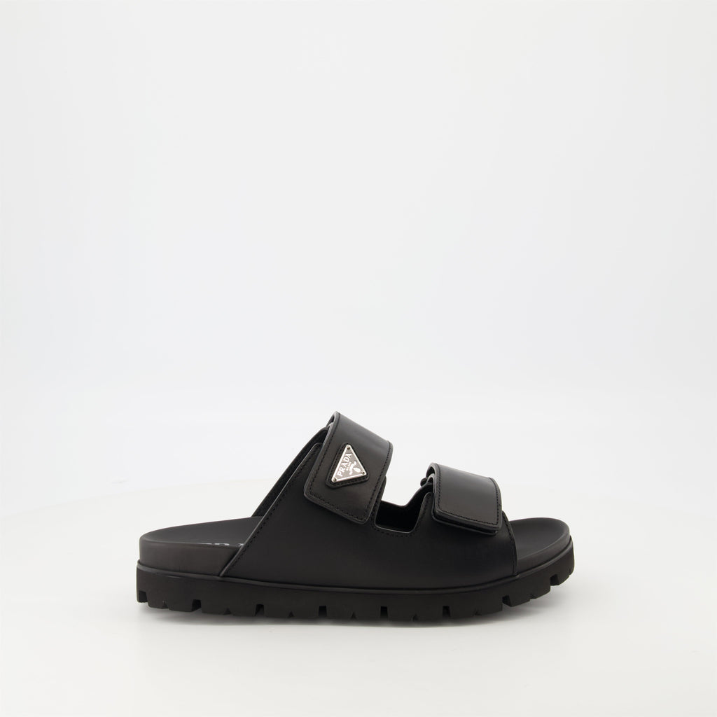 black leather slides, Prada slides, men's leather footwear, stylish casual shoes, comfortable leather sandals