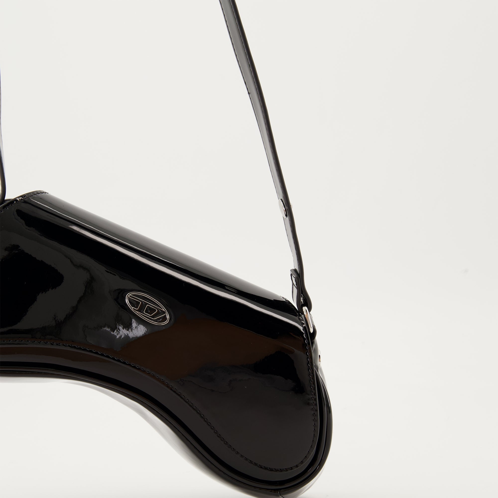 asymmetrical shoulder bag, black glossy bag, designer shoulder bag, adjustable strap bag, Diesel shoulder bag