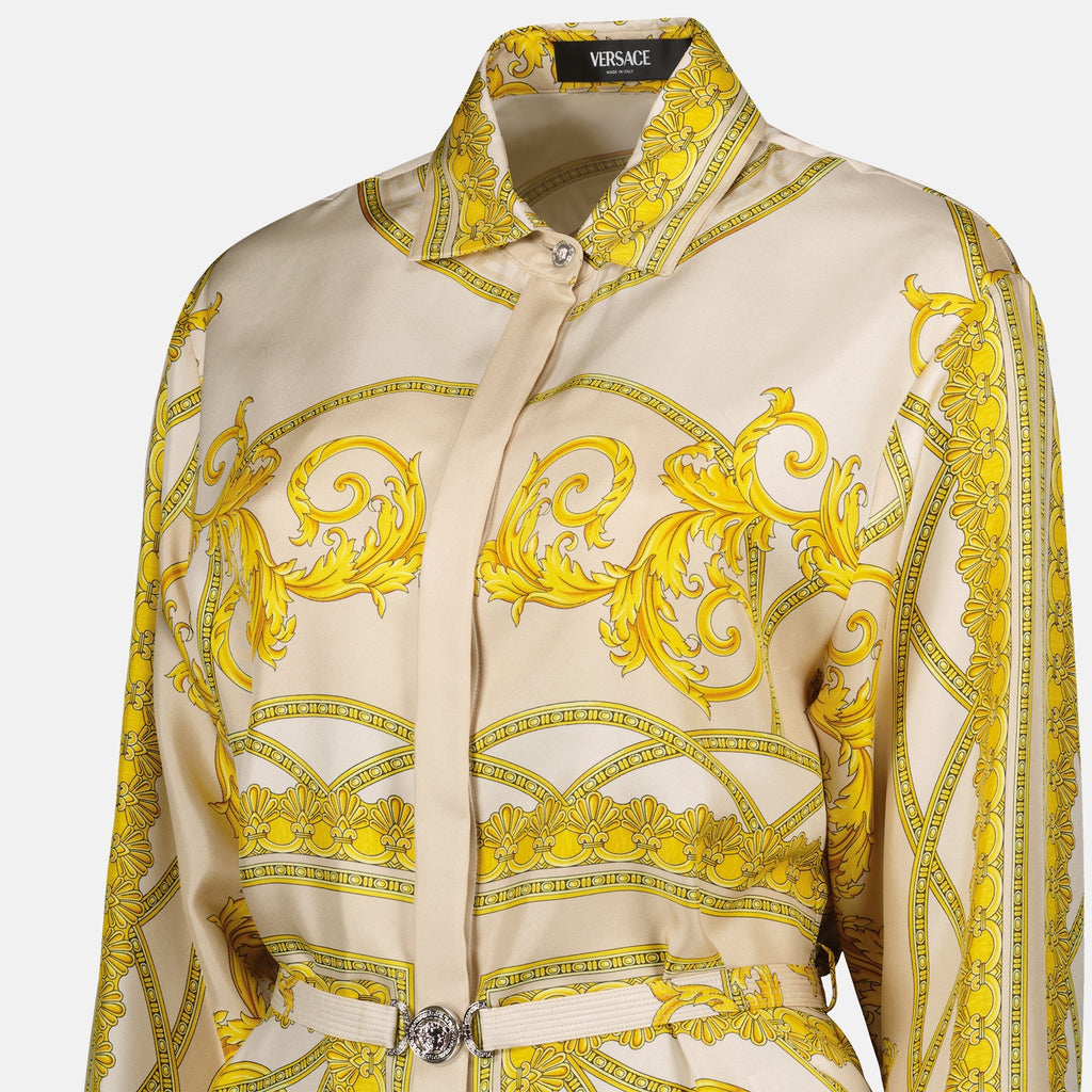Versace silk dress, luxury shirt dress, Fall-Winter 2024 fashion, La Coupe des Dieux print, elegant women's clothing