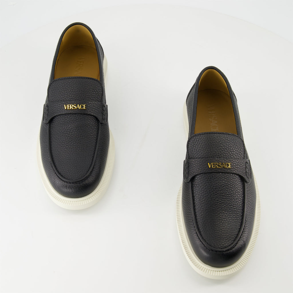 black leather moccasins, grained leather shoes, slip-on footwear, Versace design, Medusa emblem shoes