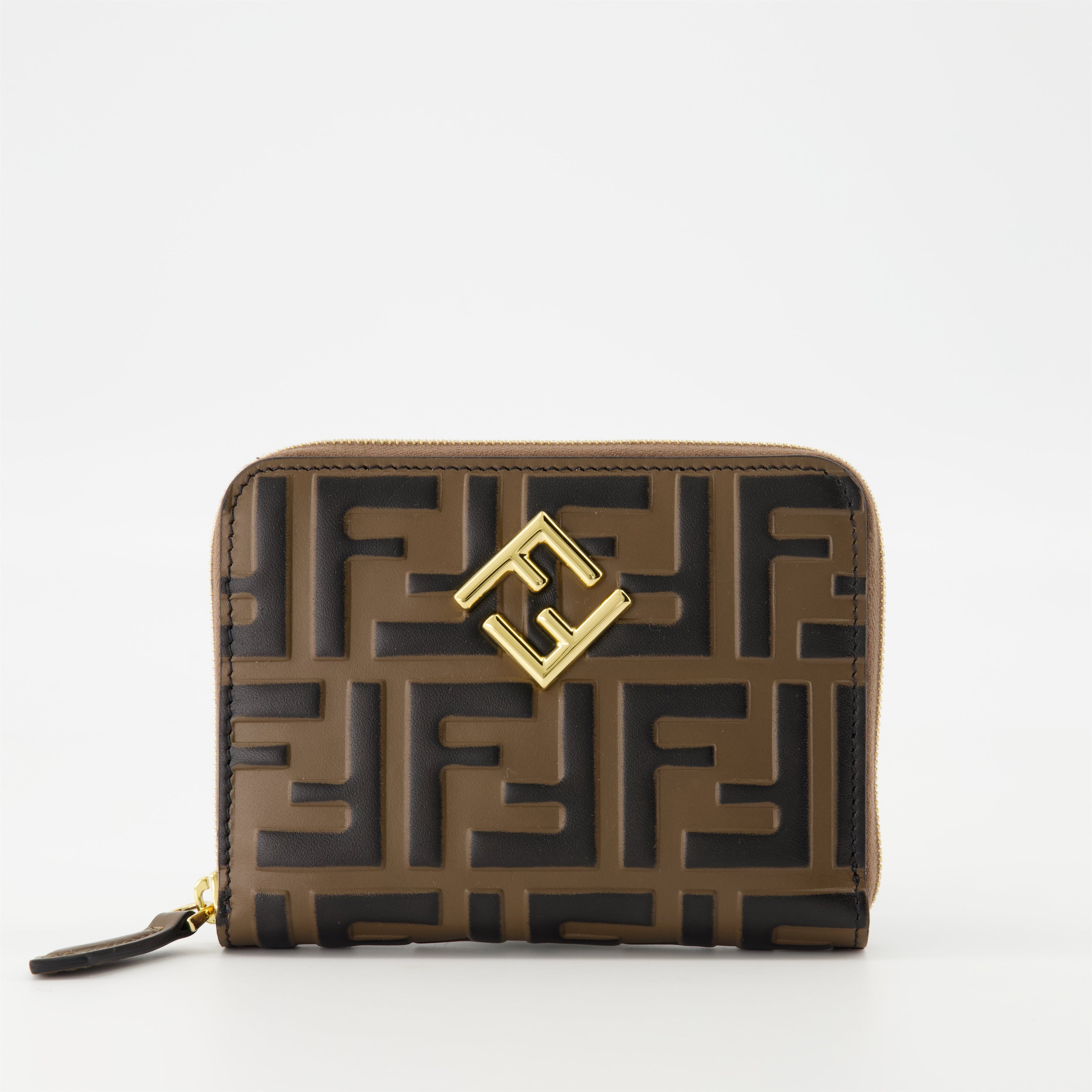 FF Diamonds wallet, brown zip wallet, leather wallet, designer wallet, Fendi wallet