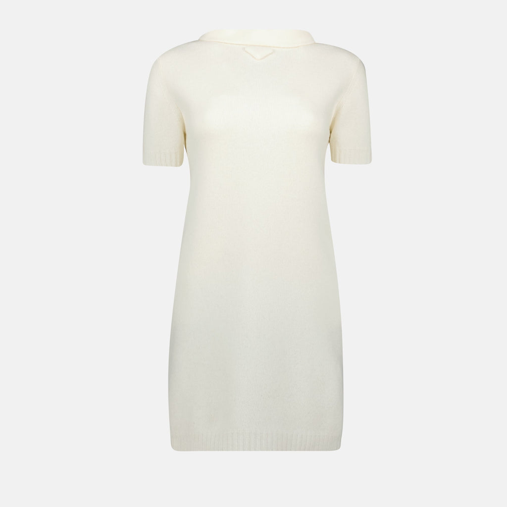 cream wool dress, Prada dress, high collar dress, Spring-Summer 2025, stylish dress