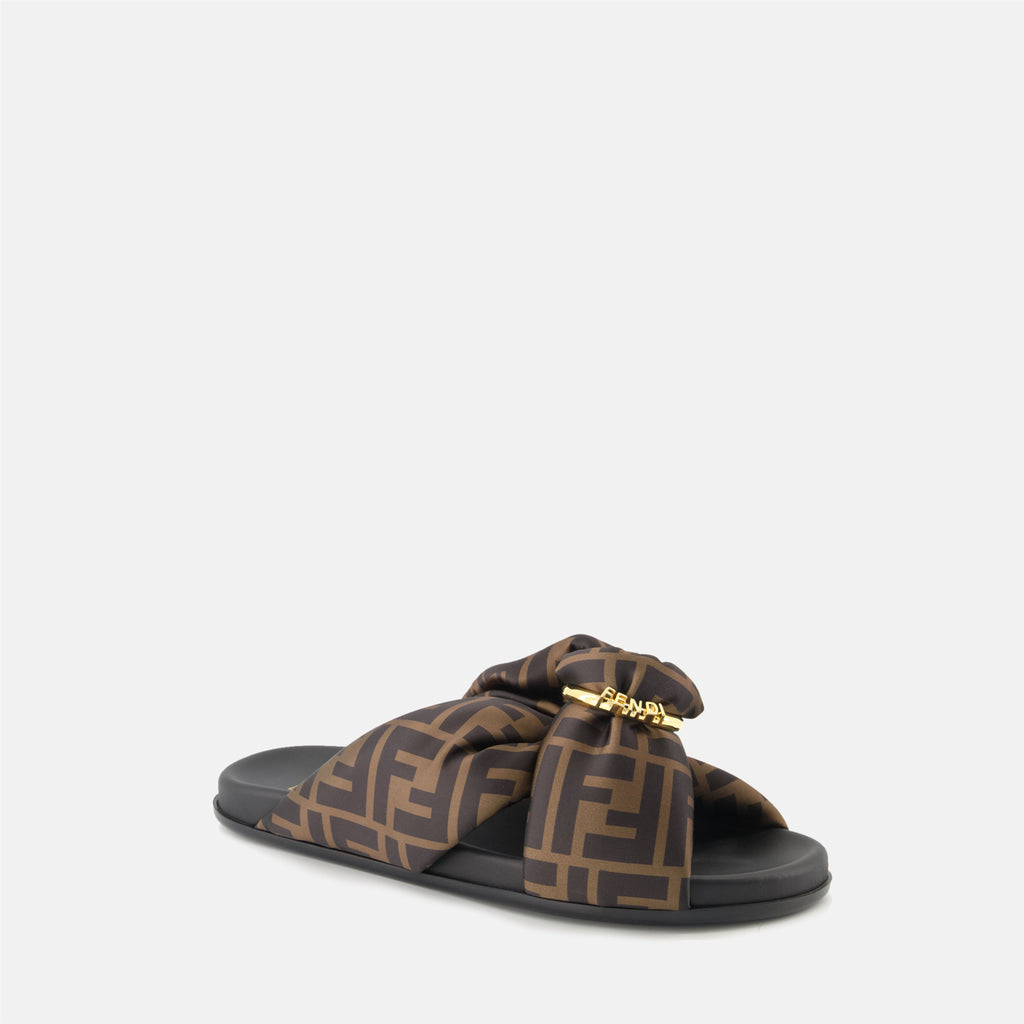 Fendi sandals, brown slip-on sandals, satin sandals, high-end footwear, D-buckle sandals