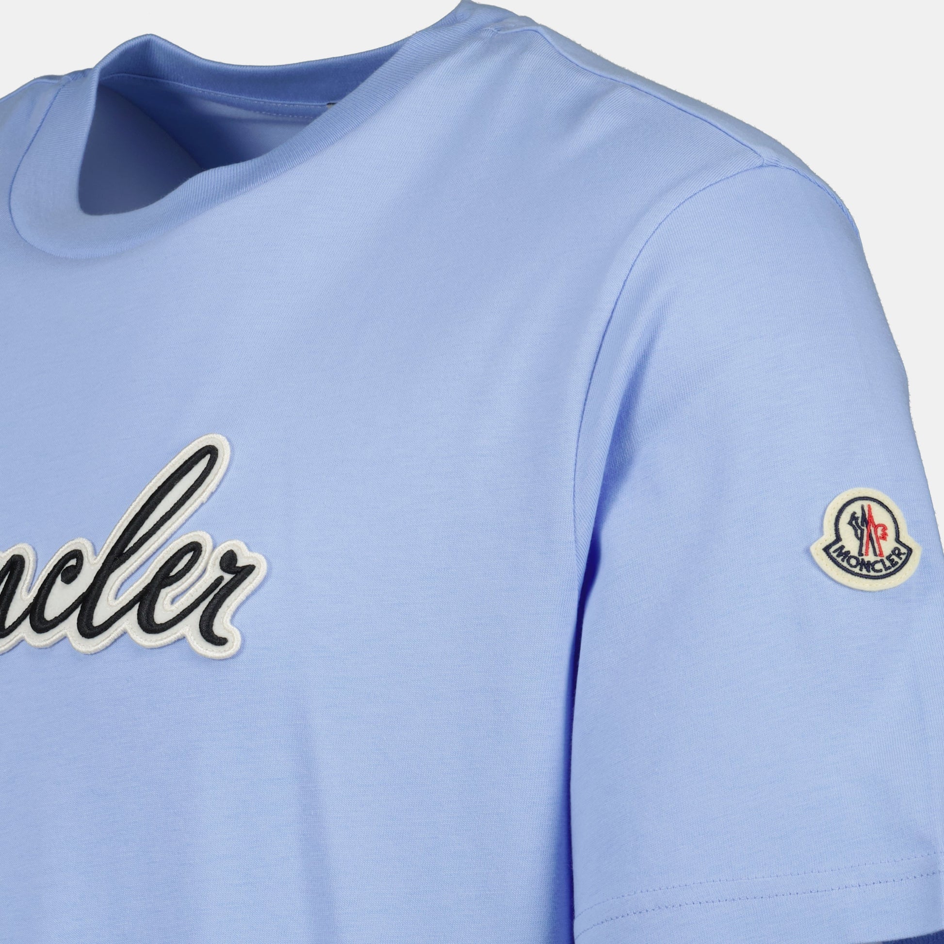 embroidered logo t-shirt, Moncler t-shirt, light blue t-shirt, cotton t-shirt, contemporary menswear