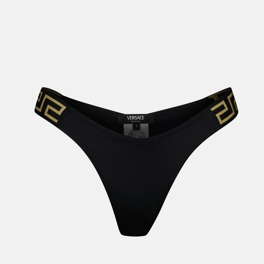 Versace, bikini bottoms, Greca pattern, luxury swimwear, black bikini