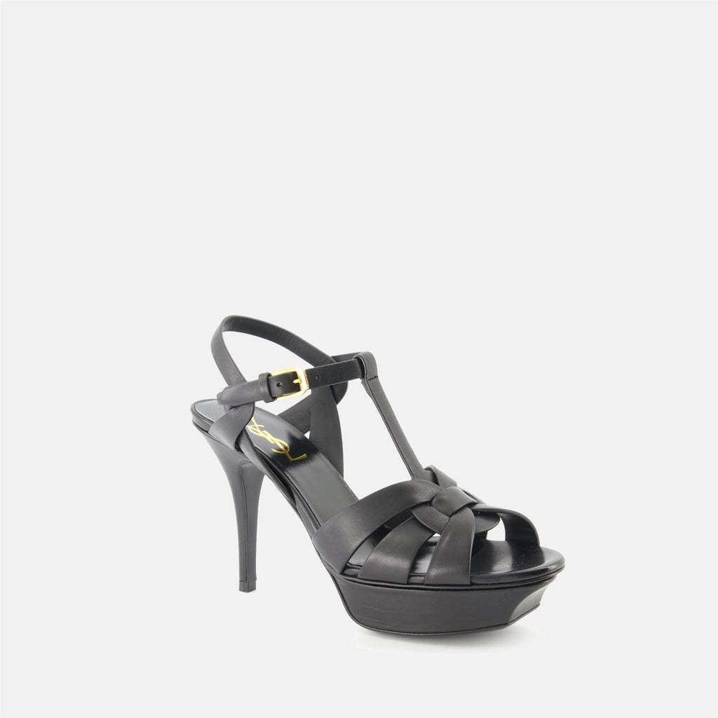 black heeled sandals, saint laurent sandals, elegant footwear, adjustable ankle strap sandals, platform heeled sandals