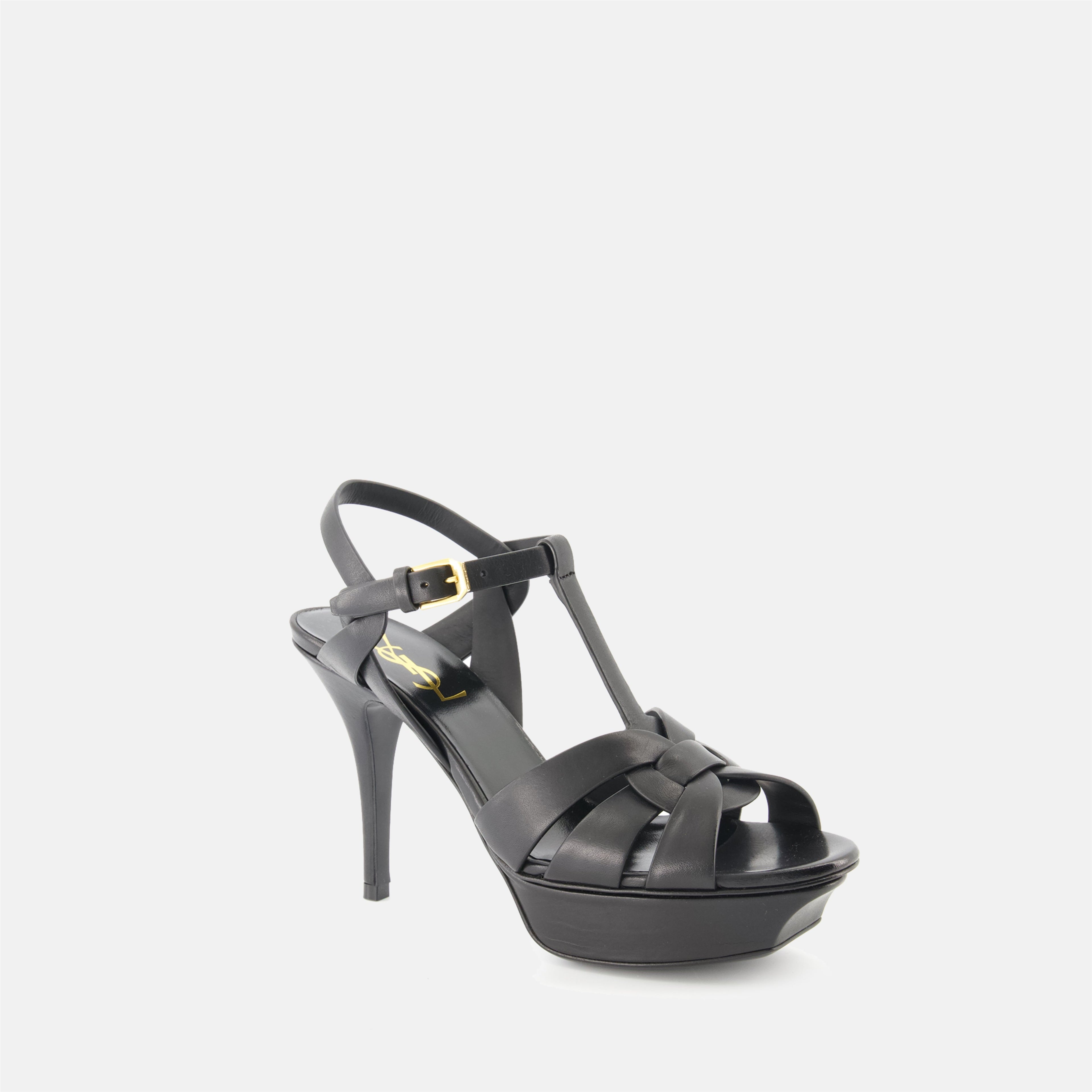 black heeled sandals, saint laurent sandals, elegant footwear, adjustable ankle strap sandals, platform heeled sandals