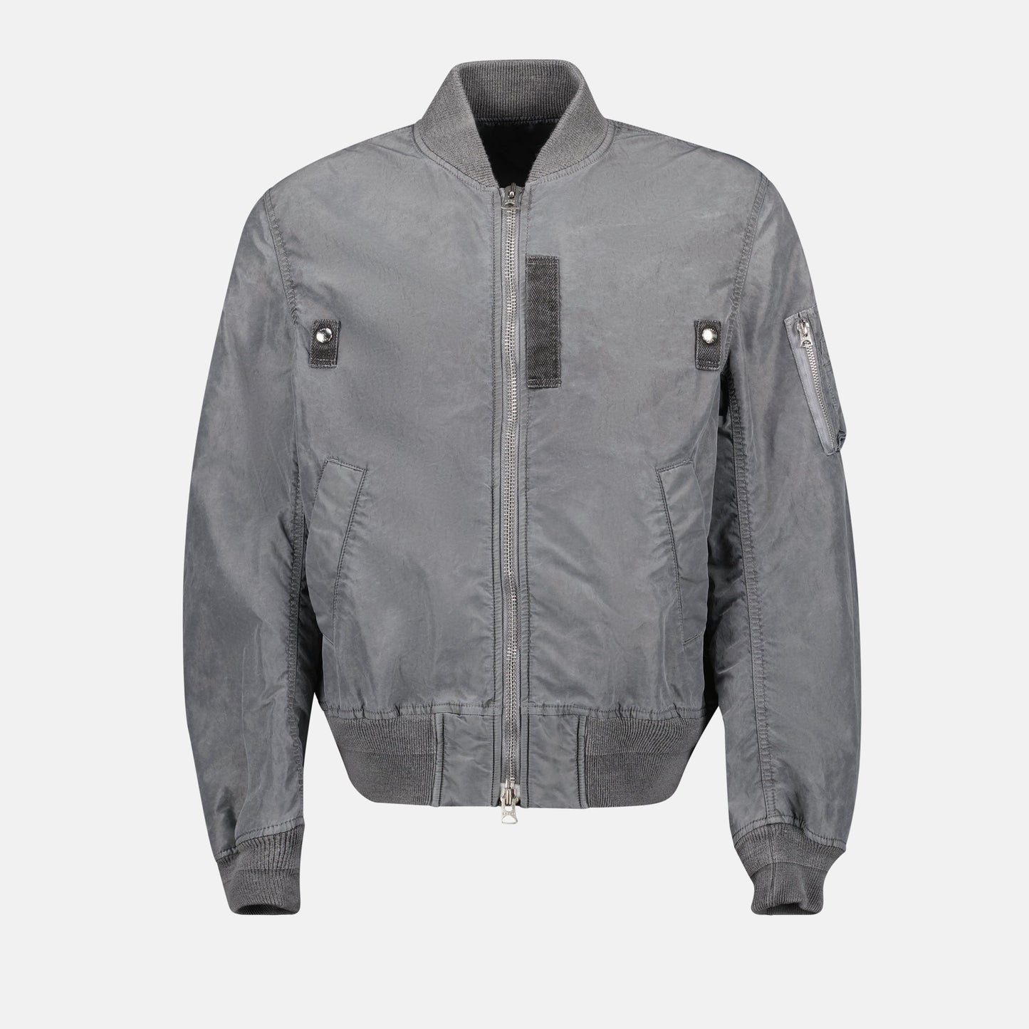 gray nylon bomber, Sacai jacket, casual jacket, Fall-Winter 2024, ribbed bomber collar