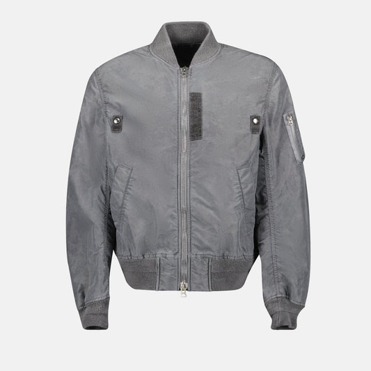 gray nylon bomber, Sacai jacket, casual jacket, Fall-Winter 2024, ribbed bomber collar