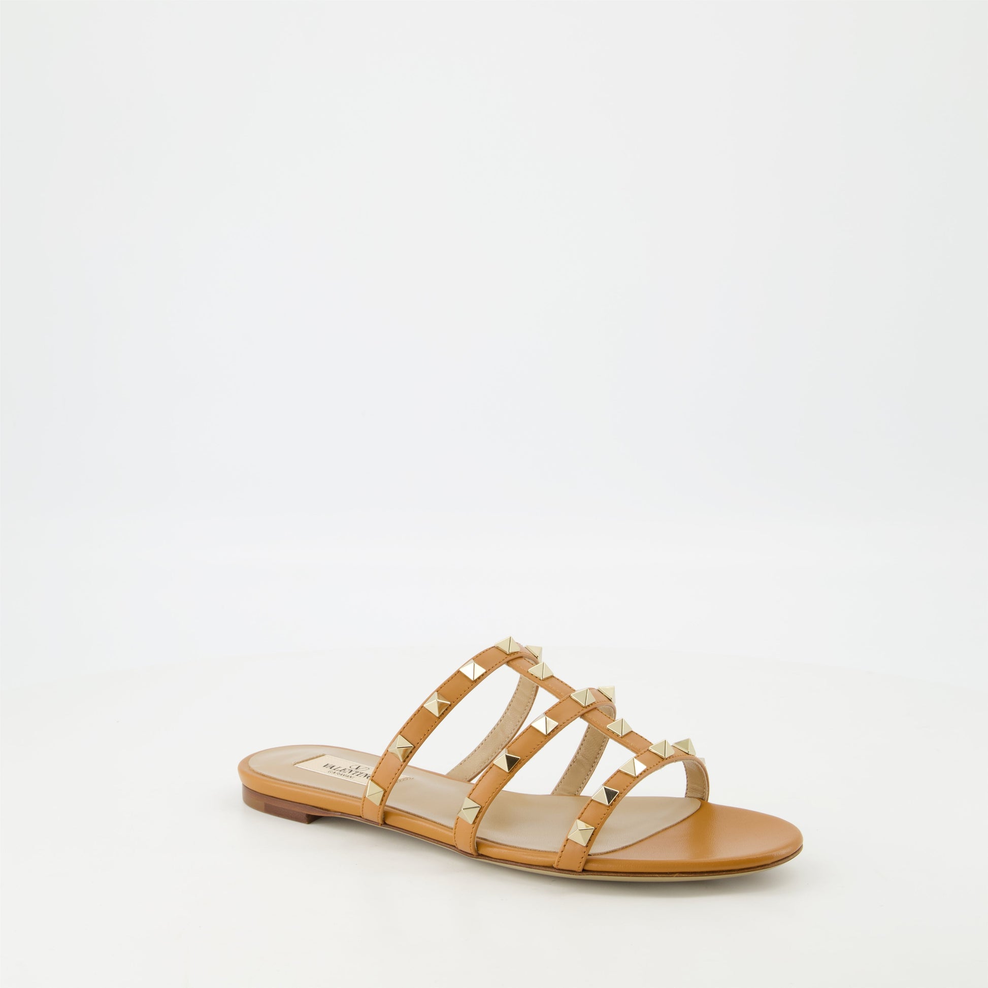 Valentino sandals, Camel leather sandals, Rockstud shoes, Platinum studded sandals, Open-toe leather footwear