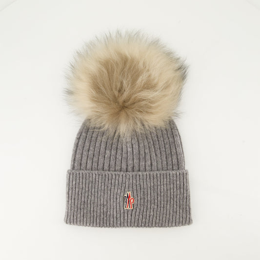 Moncler Grenoble beanie, grey pom-pom hat, cashmere beanie, winter accessories, stylish beanie