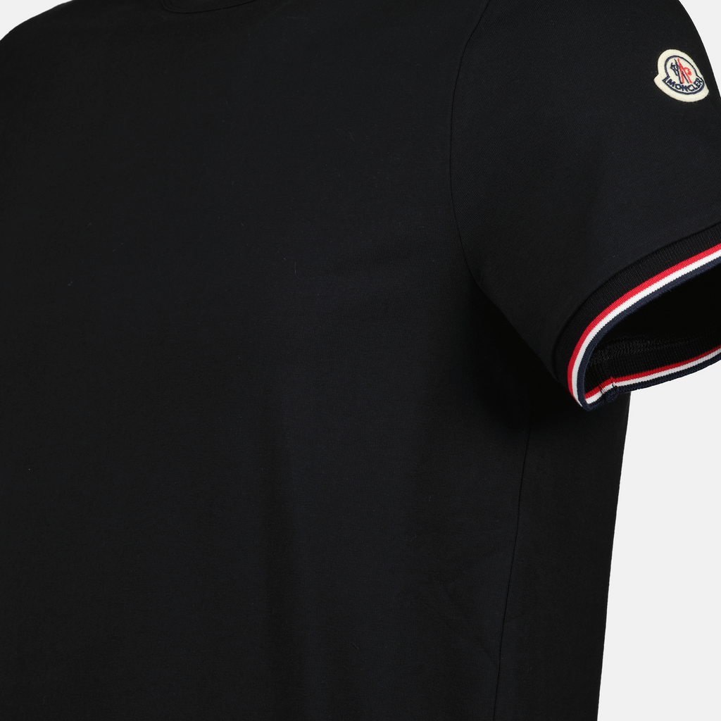 Black T-shirt, Moncler T-shirt, Tricolor edges, Comfortable casual wear, Spring-Summer collection