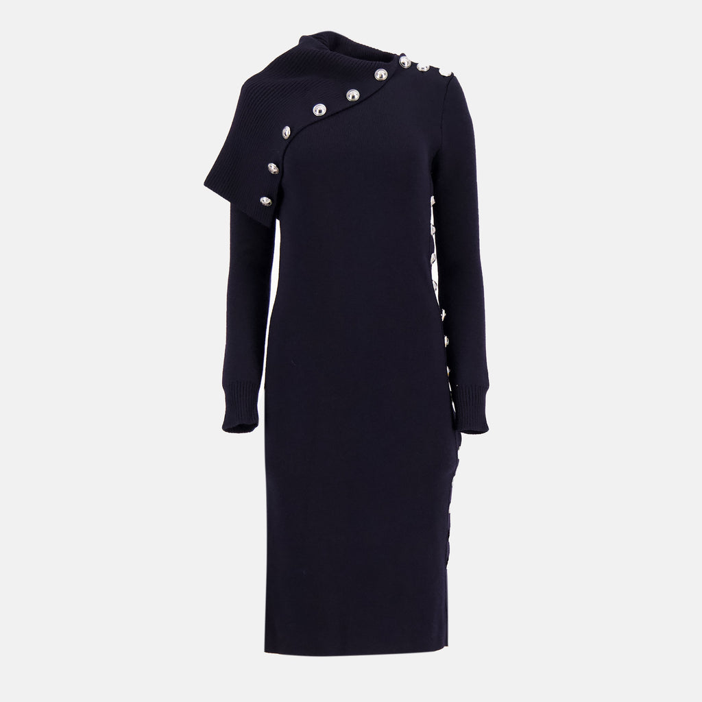 Rabanne dress, long button dress, wool dress, navy blue dress, Autumn-Winter 2025 fashion