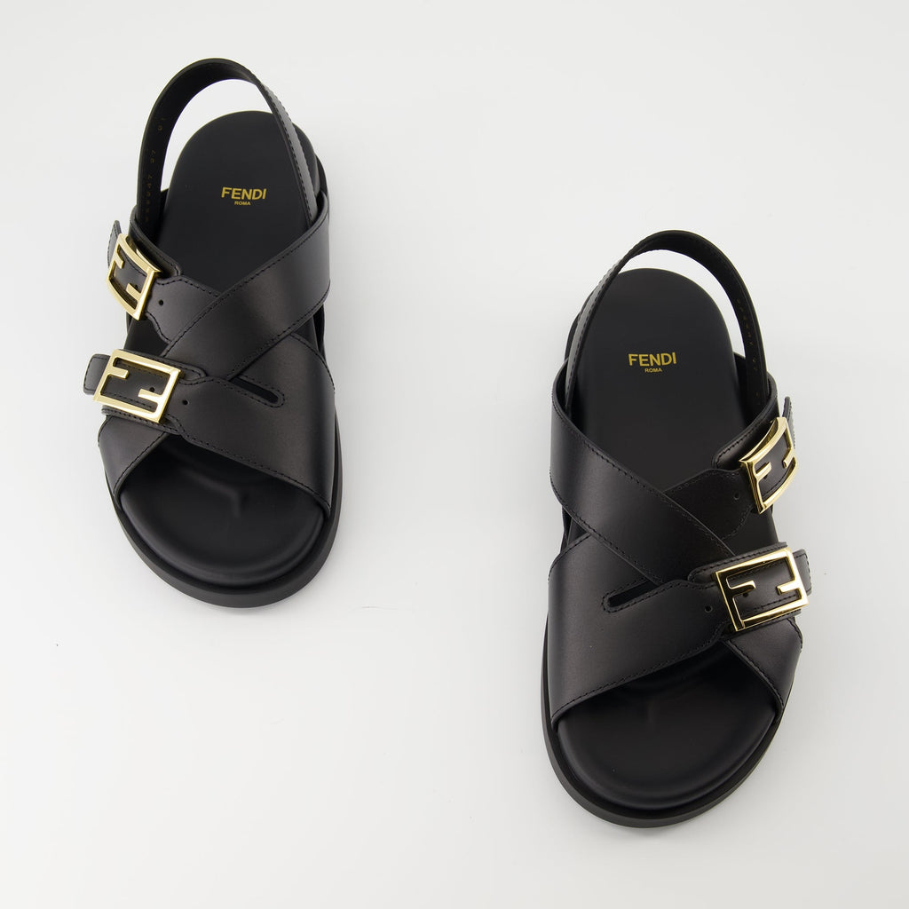 Fendi sandals, Fendi footwear, black sandals, adjustable straps, luxury sandals