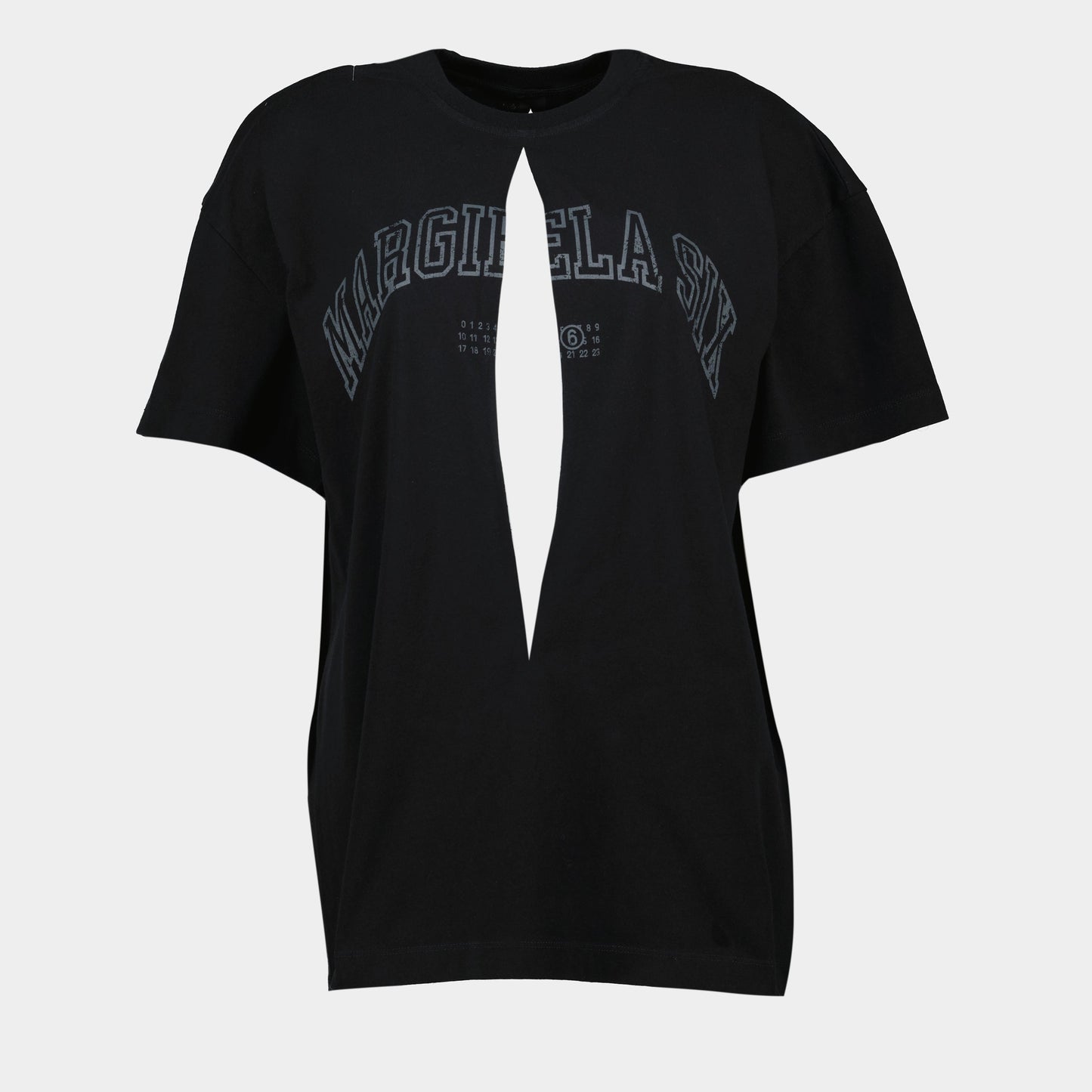 MM6 Black T-shirt, Open Design, Oversized T-shirt, Printed Logo, Cotton Fashion Top