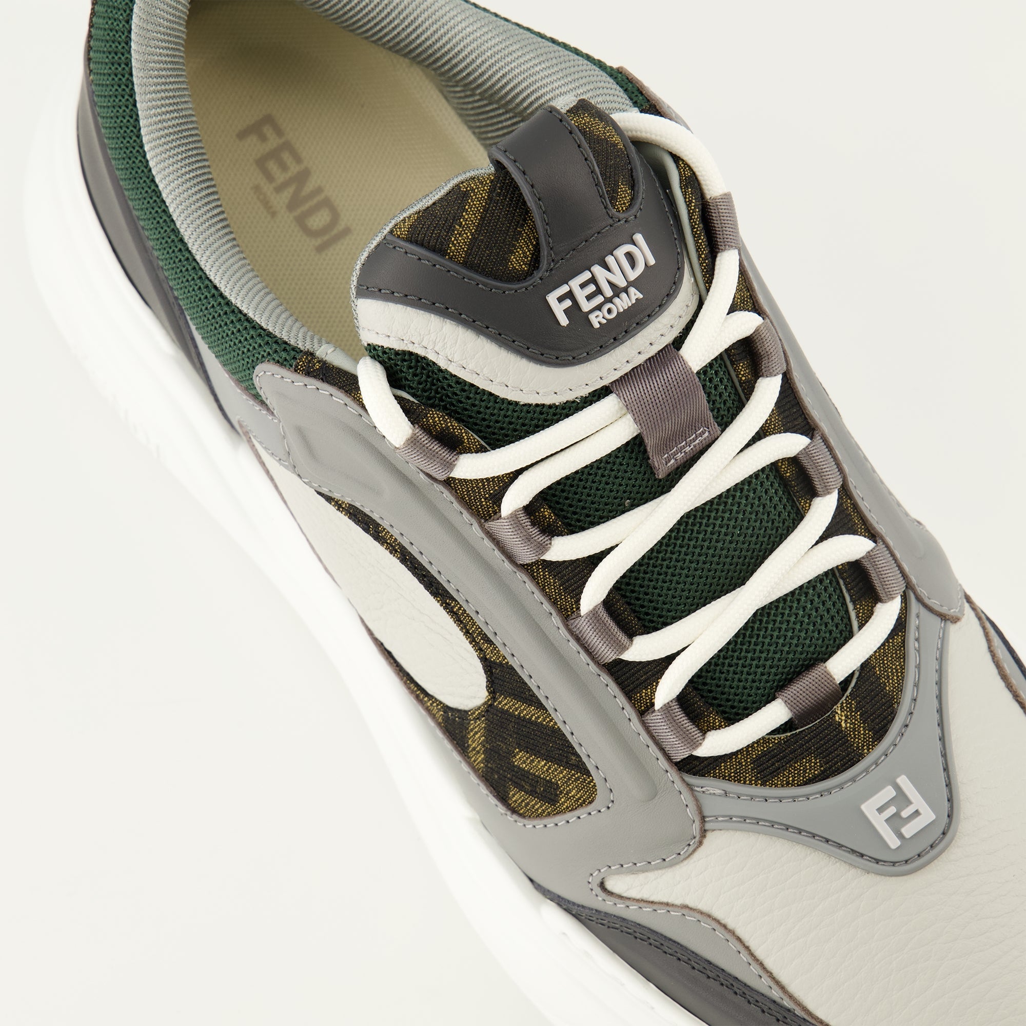 Fendi sneakers, calf leather shoes, Fall-Winter 2025, gray and green sneakers, men's footwear