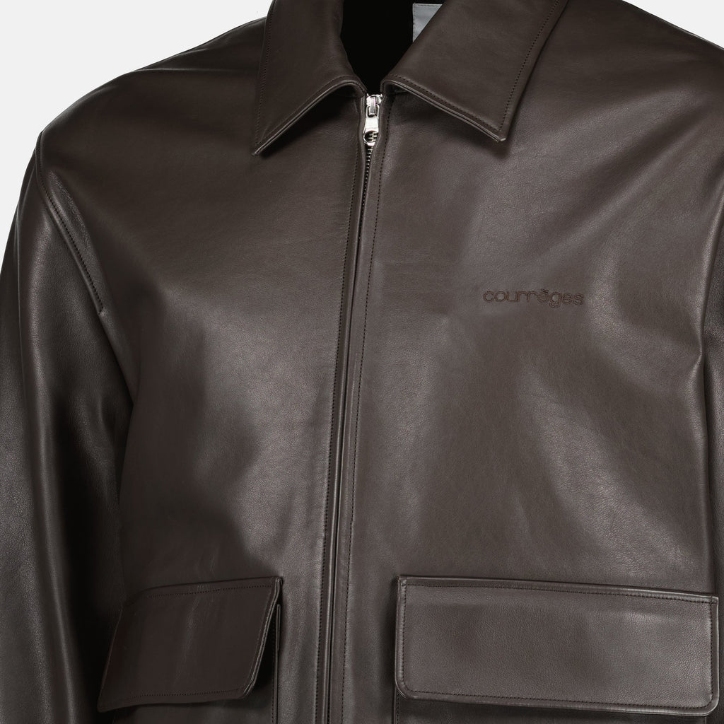 Image of Brown Leather Zipped Jacket by Courrèges for Men - Season Spring-Summer 2026 - Detail View 1