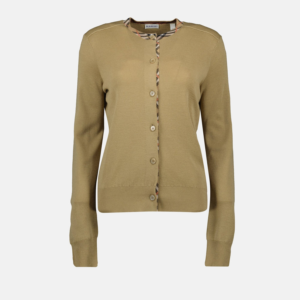 Burberry cardigan, beige wool cardigan, check pattern cardigan, autumn winter fashion, women's knitwear
