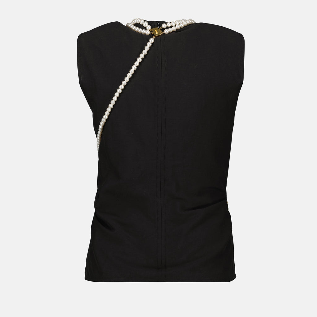 stretch top, Moschino, pearl collar, women’s fashion, black top