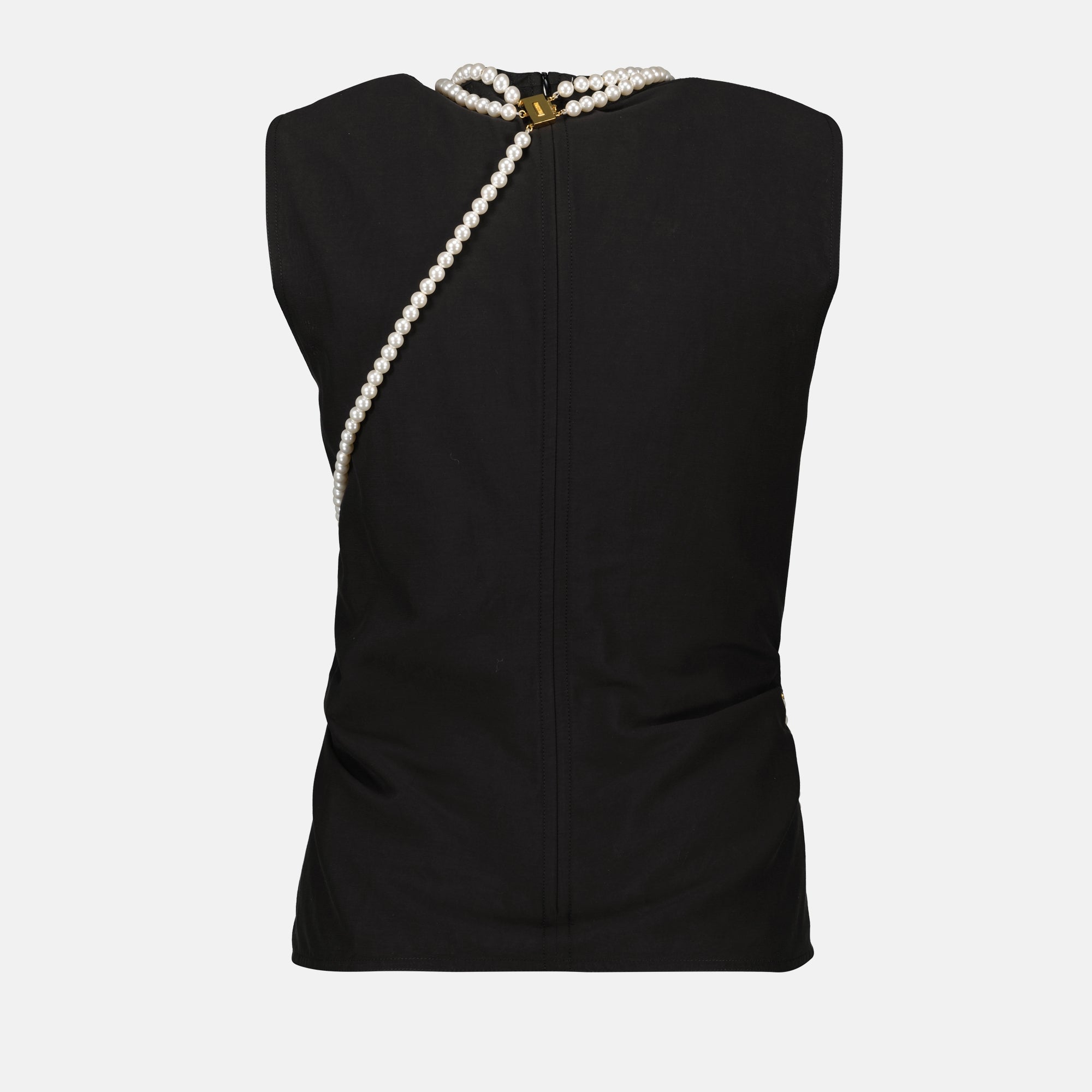 stretch top, Moschino, pearl collar, women’s fashion, black top