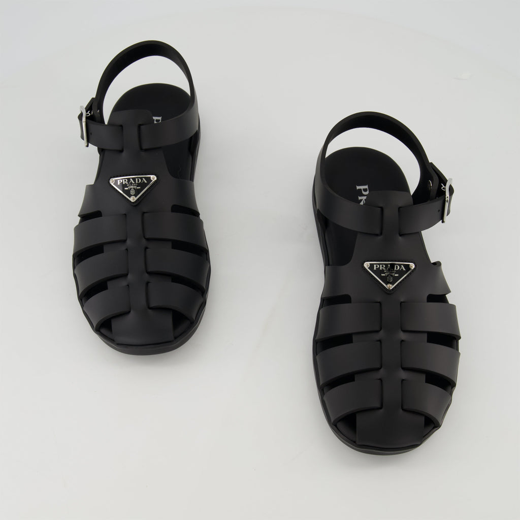 fisherman sandals, black rubber sandals, Prada footwear, adjustable sandals, casual footwear