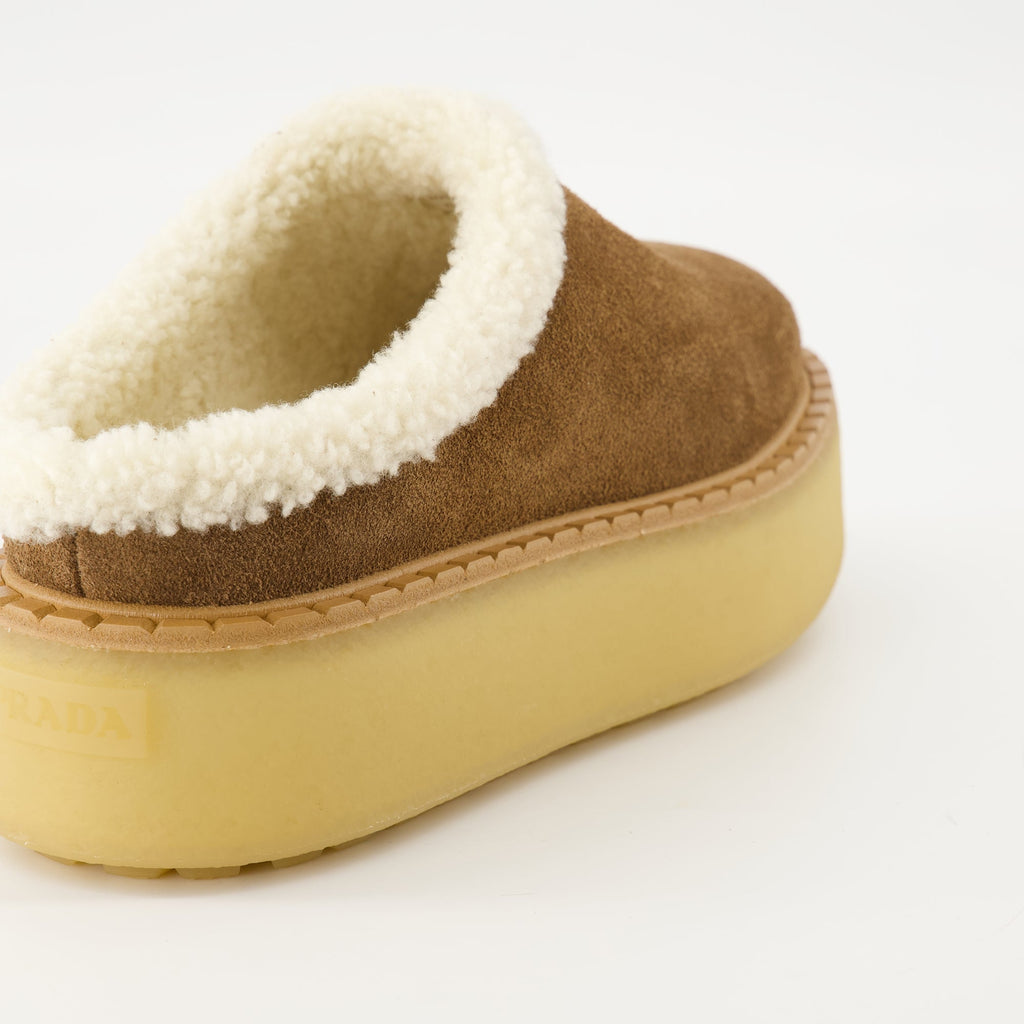 Prada mules, beige fur-lined footwear, suede mules, women's slip-on shoes, Autumn-Winter collection
