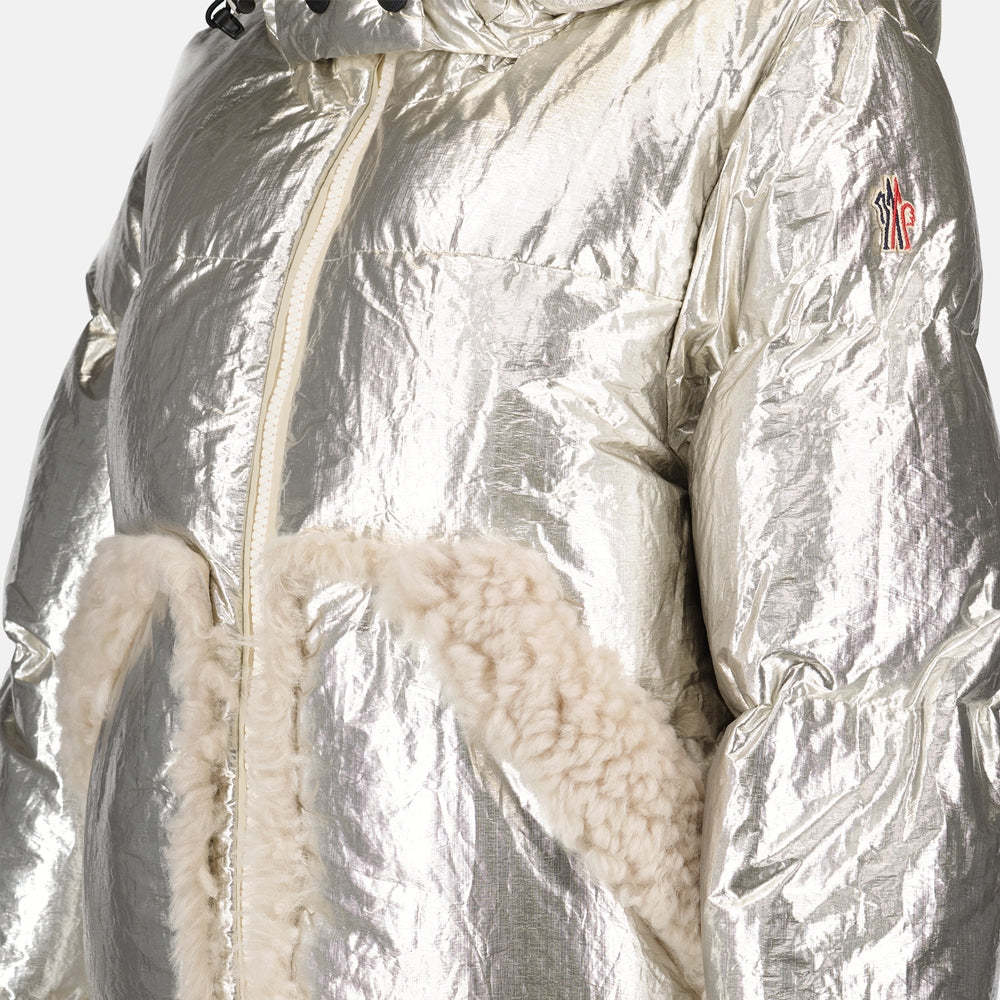 Moncler jacket, silver down jacket, oversized jacket, Trevelin jacket, shearling collar