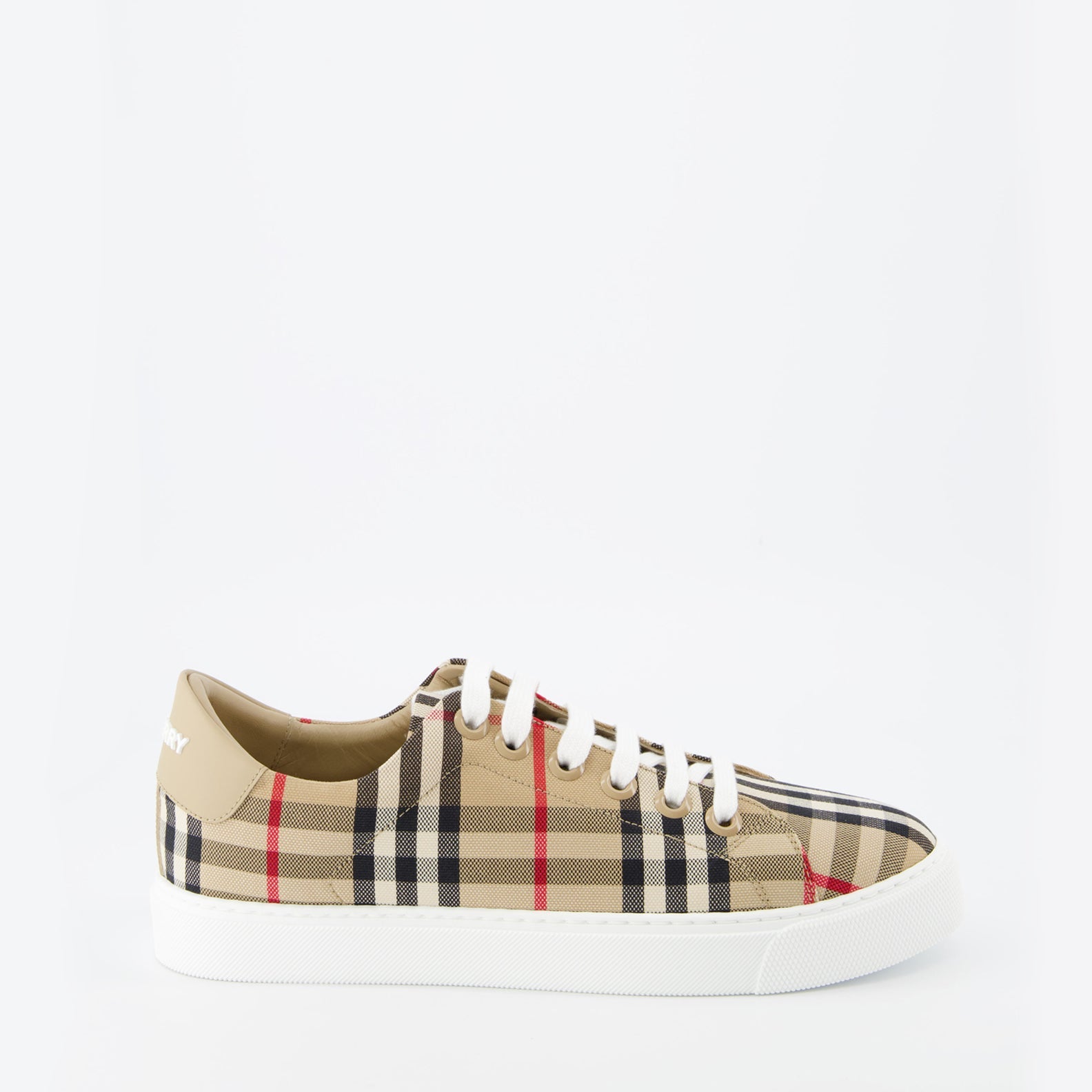 Burberry, luxury sneakers, beige leather sneakers, check pattern shoes, high-end fashion