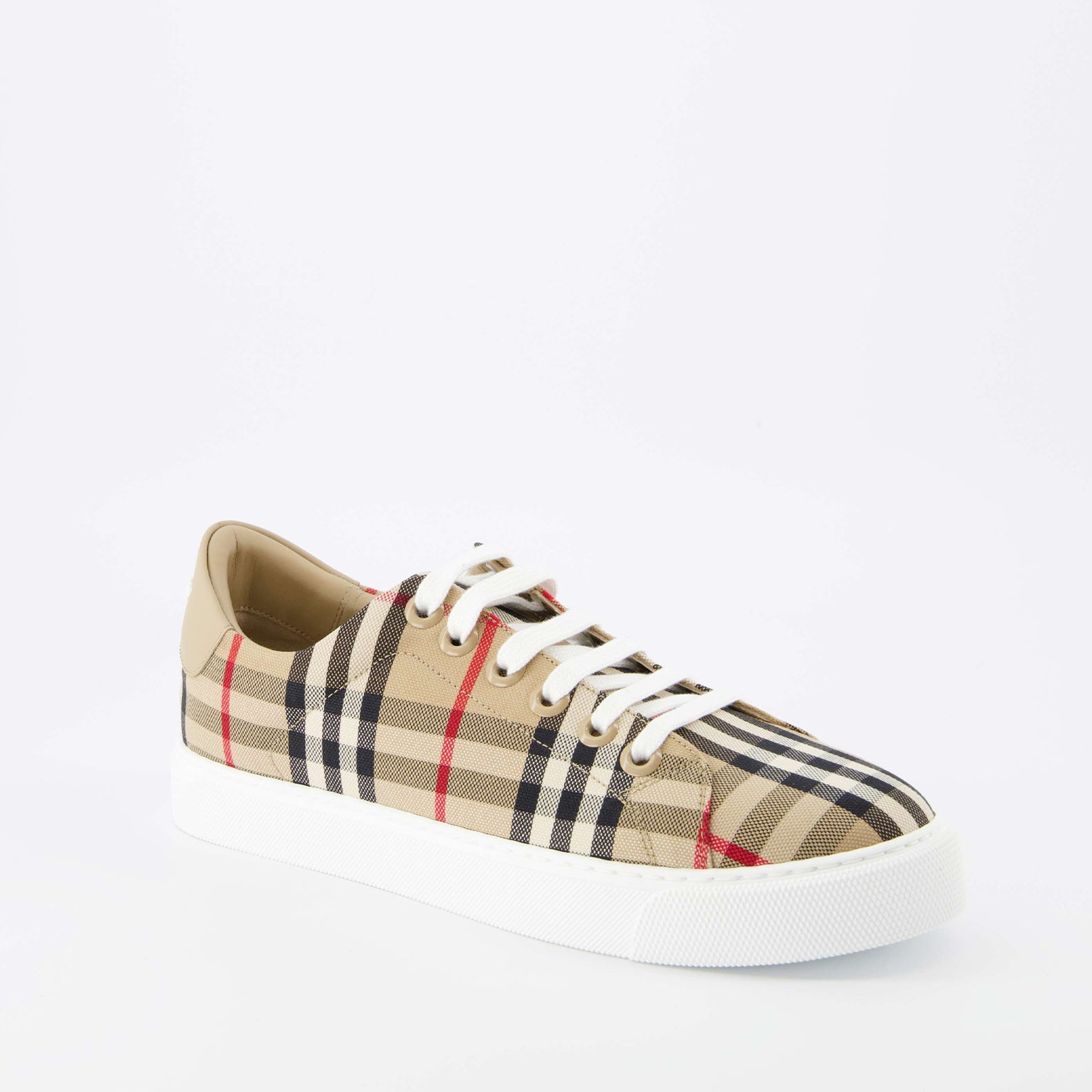 Burberry, luxury sneakers, beige leather sneakers, check pattern shoes, high-end fashion