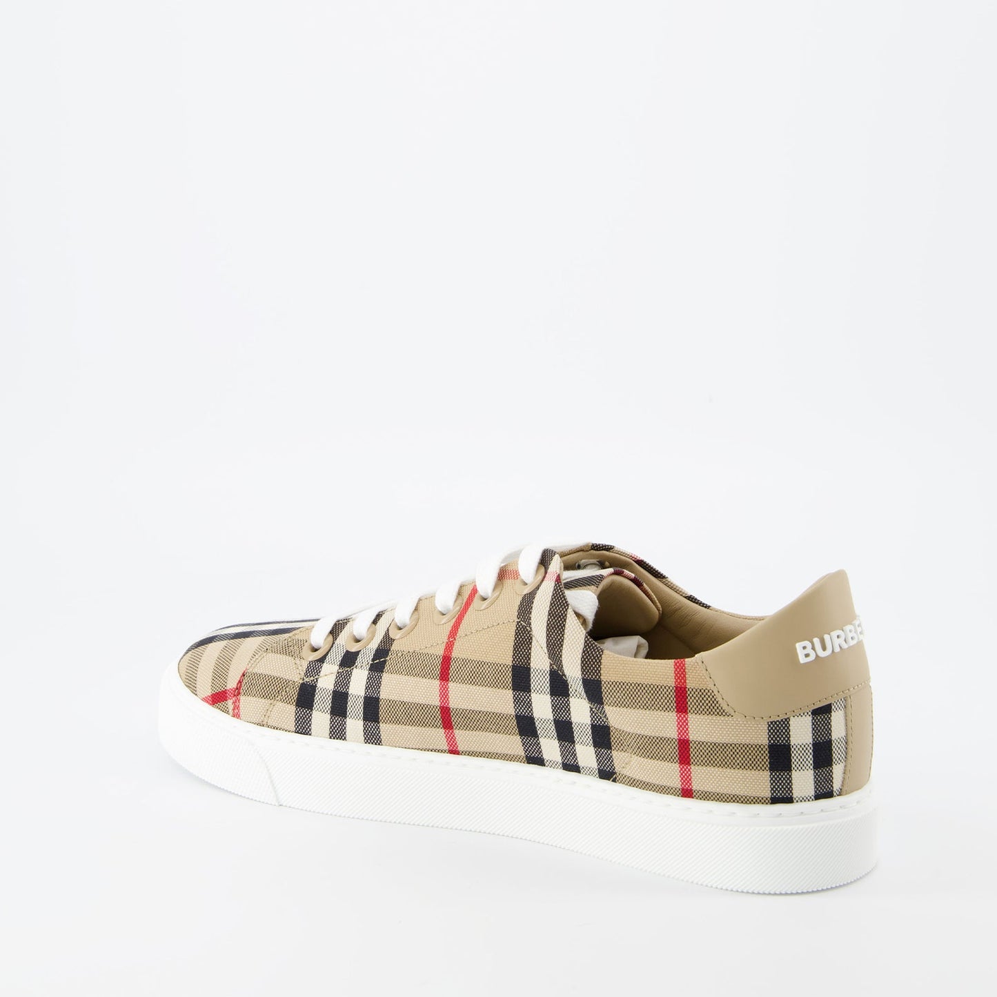 Burberry, luxury sneakers, beige leather sneakers, check pattern shoes, high-end fashion