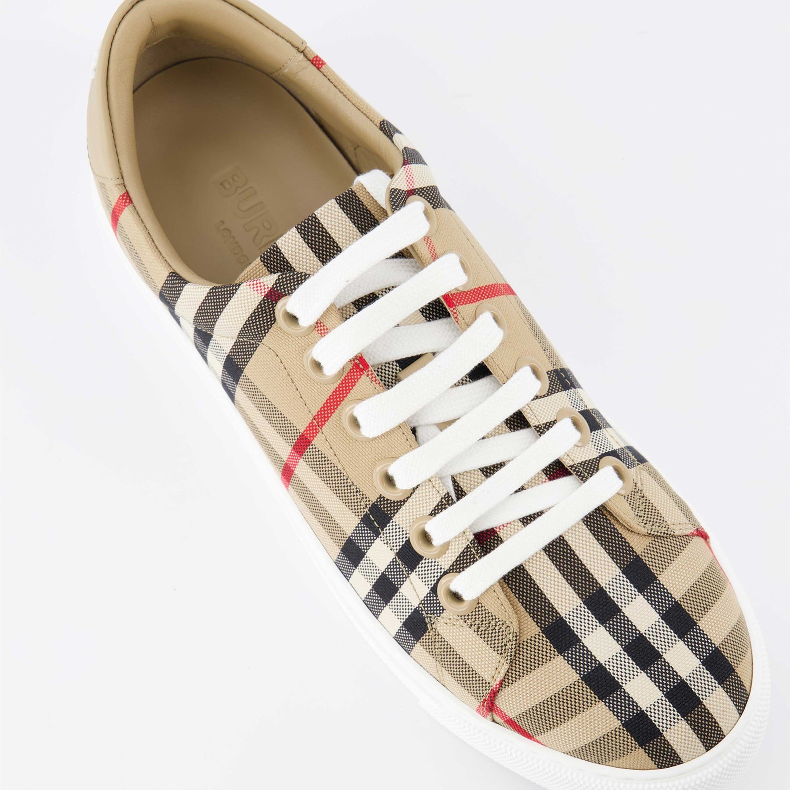 Burberry, luxury sneakers, beige leather sneakers, check pattern shoes, high-end fashion