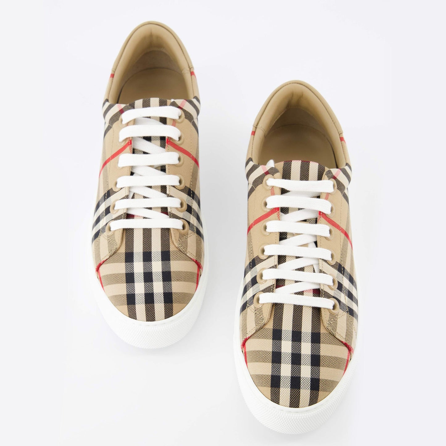 Burberry, luxury sneakers, beige leather sneakers, check pattern shoes, high-end fashion