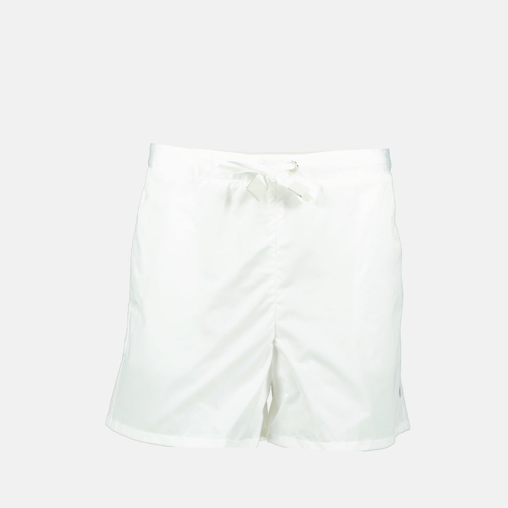 Moncler women's shorts, luxury nylon shorts, white designer shorts, high-end casual wear, elegant women’s shorts