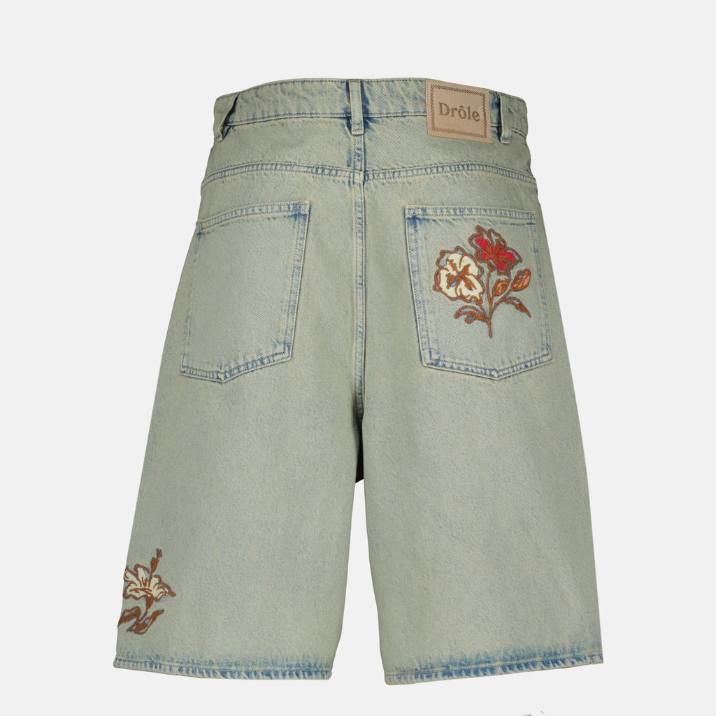 Shorts de Denim Bordados con Flores Polvorientas - Drôle de Monsieur
