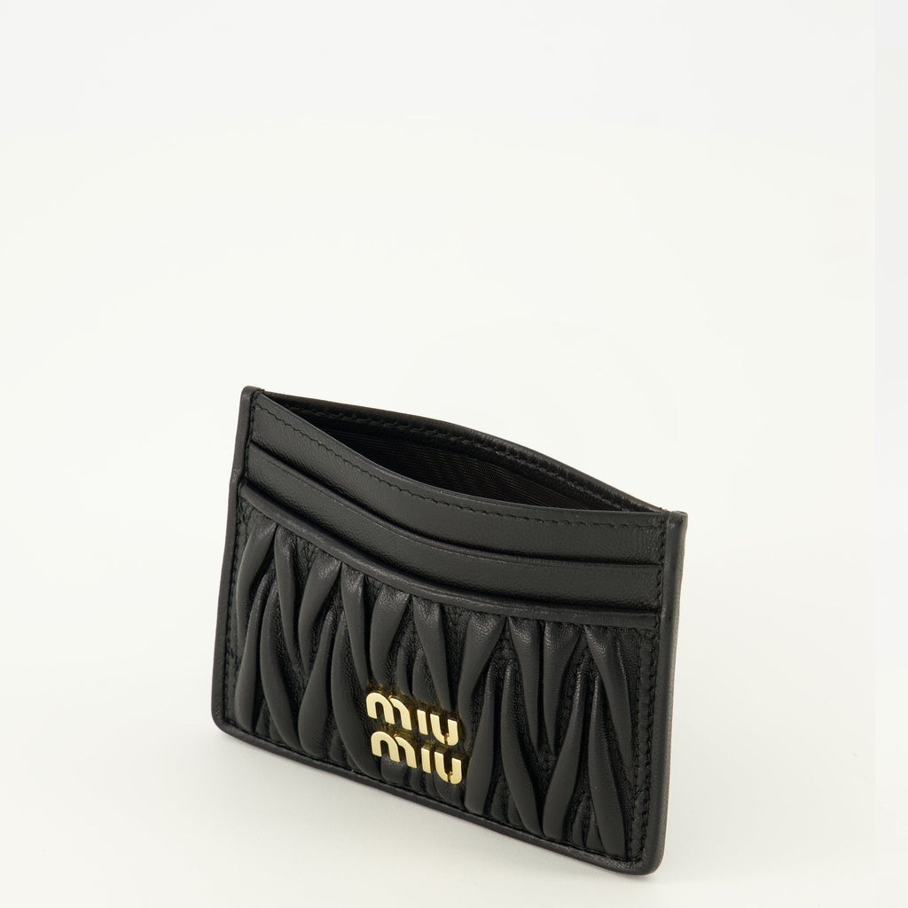 quilted card holder, black leather accessory, Miu Miu card holder, lamb leather wallet, designer card holder