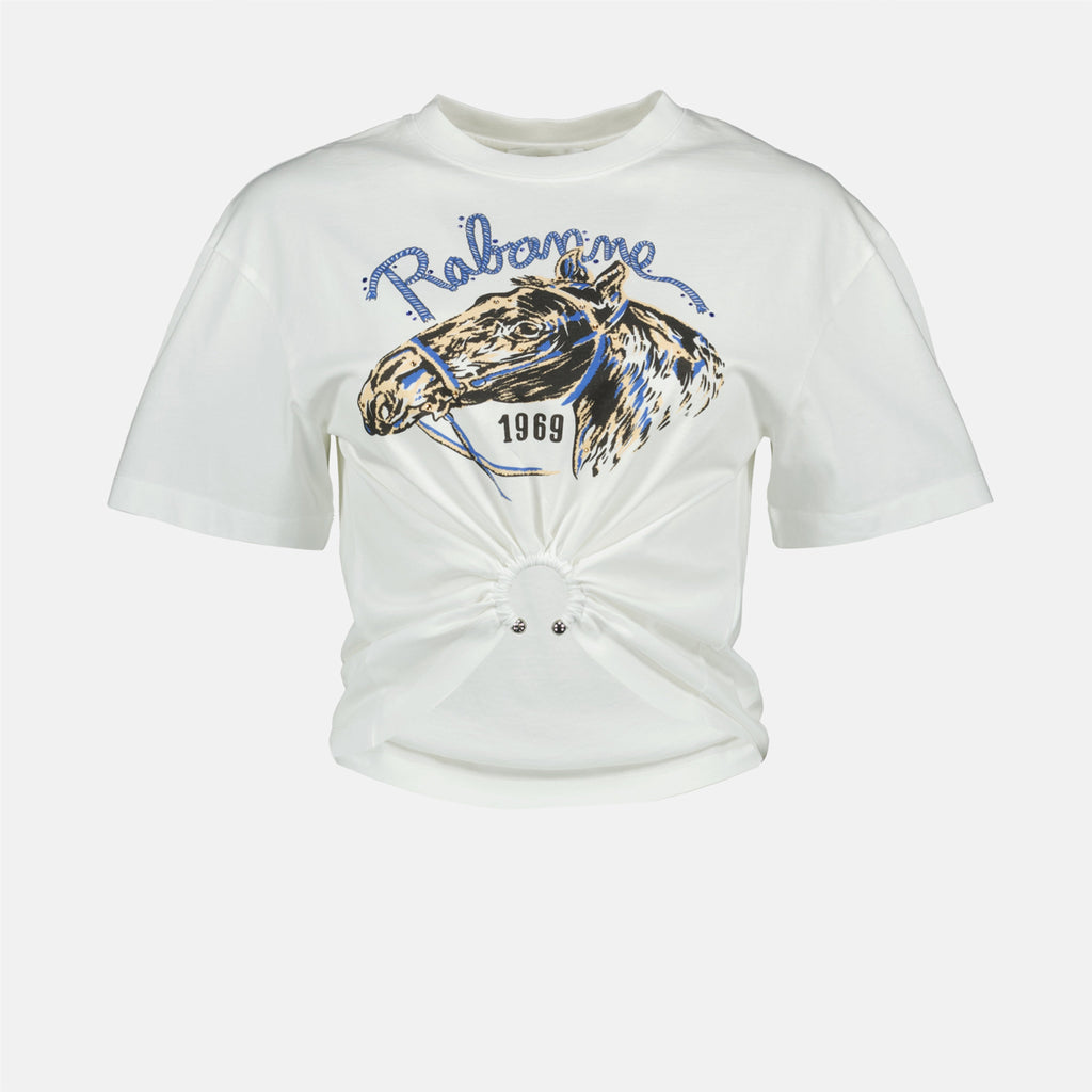 white t-shirt, horse print, Rabanne, cotton t-shirt, Spring-Summer 2025