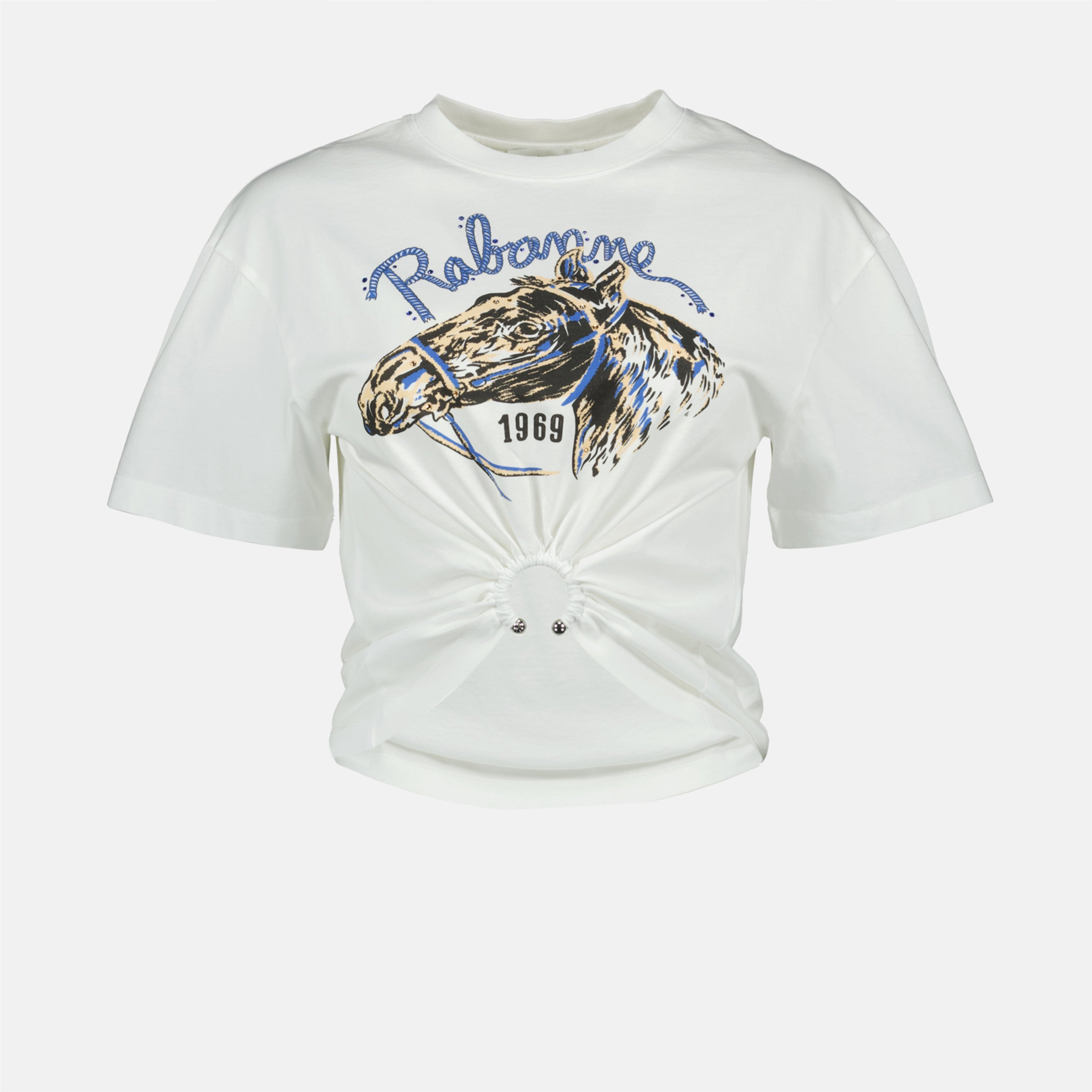 white t-shirt, horse print, Rabanne, cotton t-shirt, Spring-Summer 2025