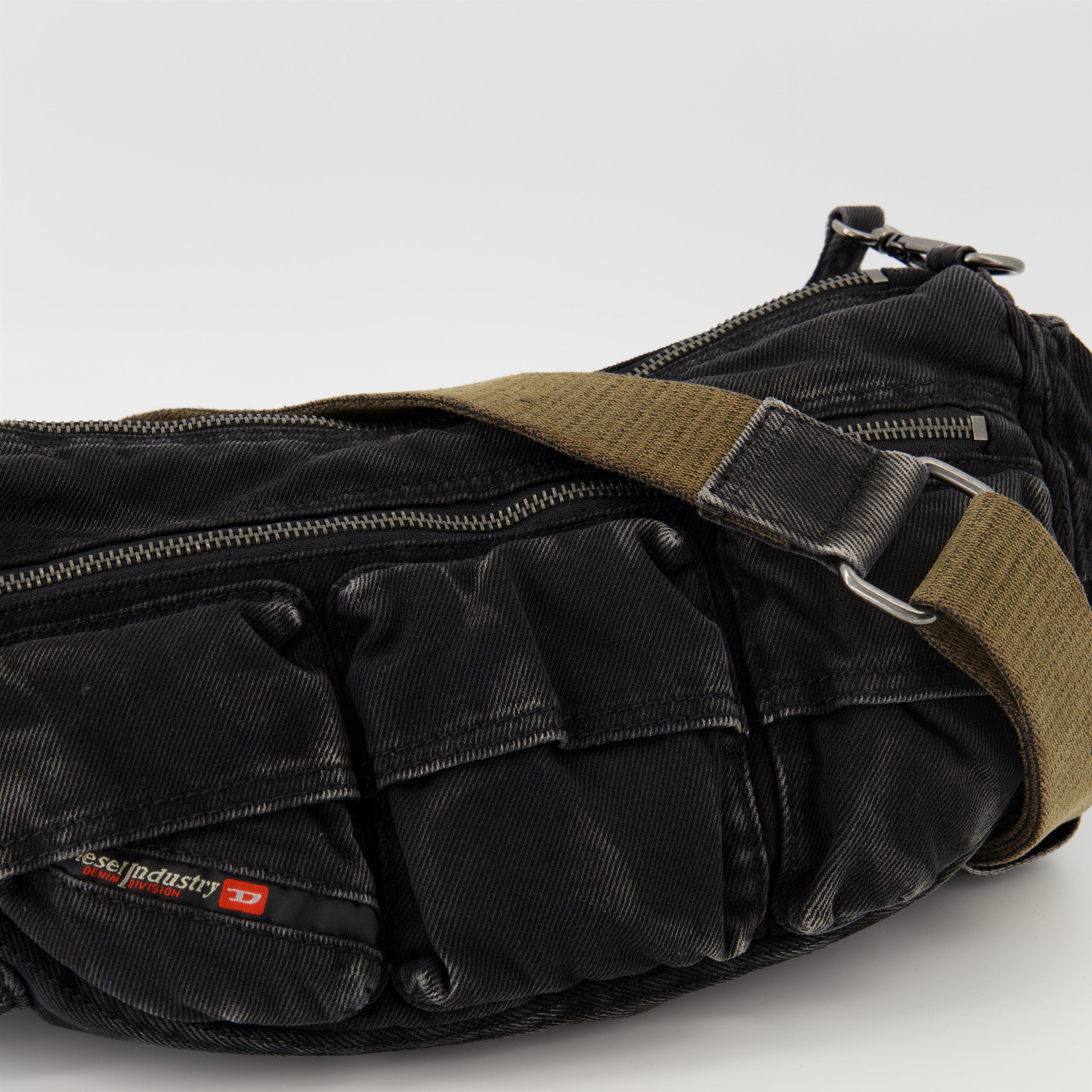 black denim bag, multi-pocket bag, unisex bag, adjustable strap, Diesel bag
