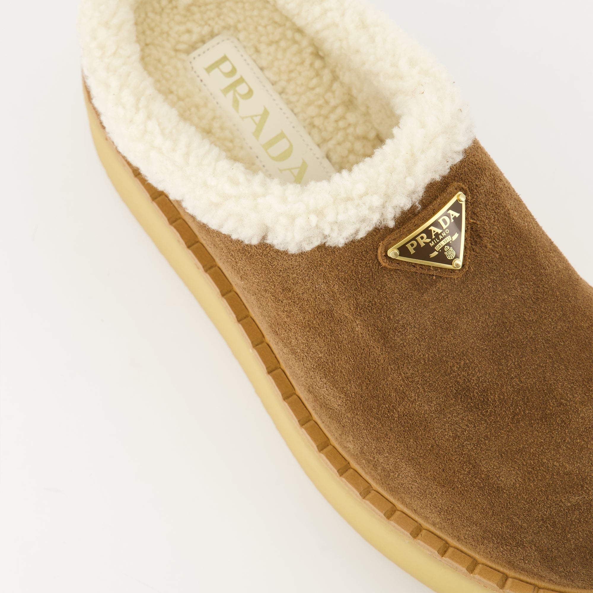 Prada mules, beige fur-lined footwear, suede mules, women's slip-on shoes, Autumn-Winter collection