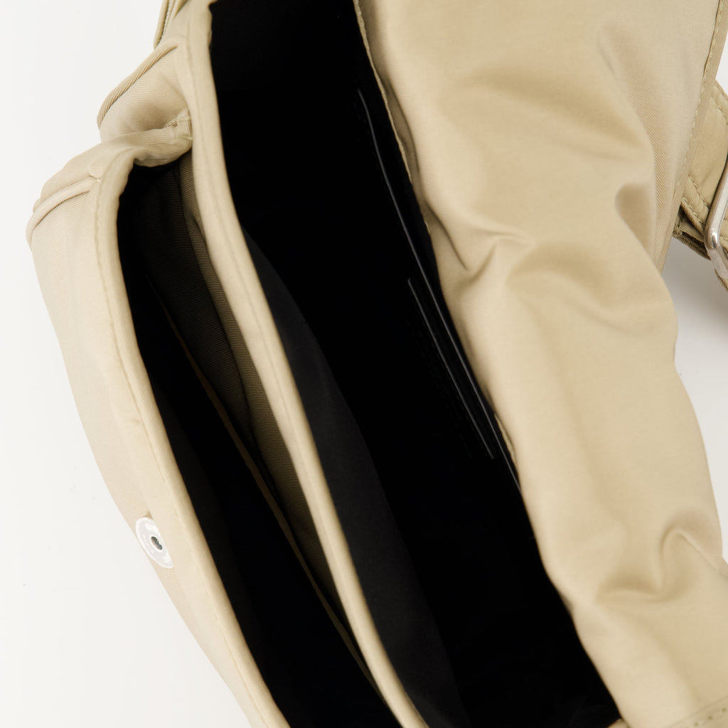 nylon bag, Saint Laurent, beige bag, adjustable strap bag, sustainable fashion