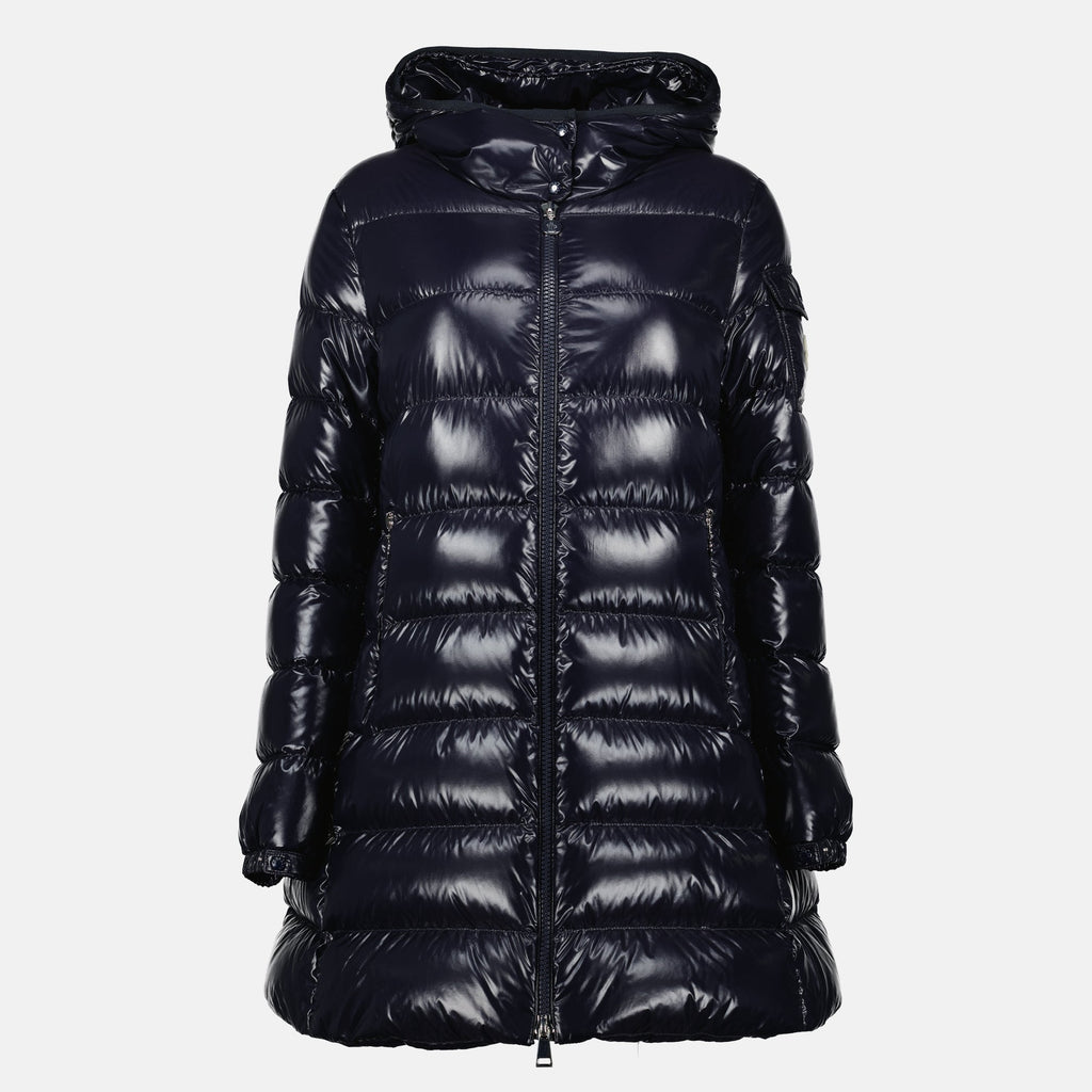 Moncler Courcelles jacket, mid-length down jacket, navy nylon jacket, women's outerwear, luxury fashion jacket