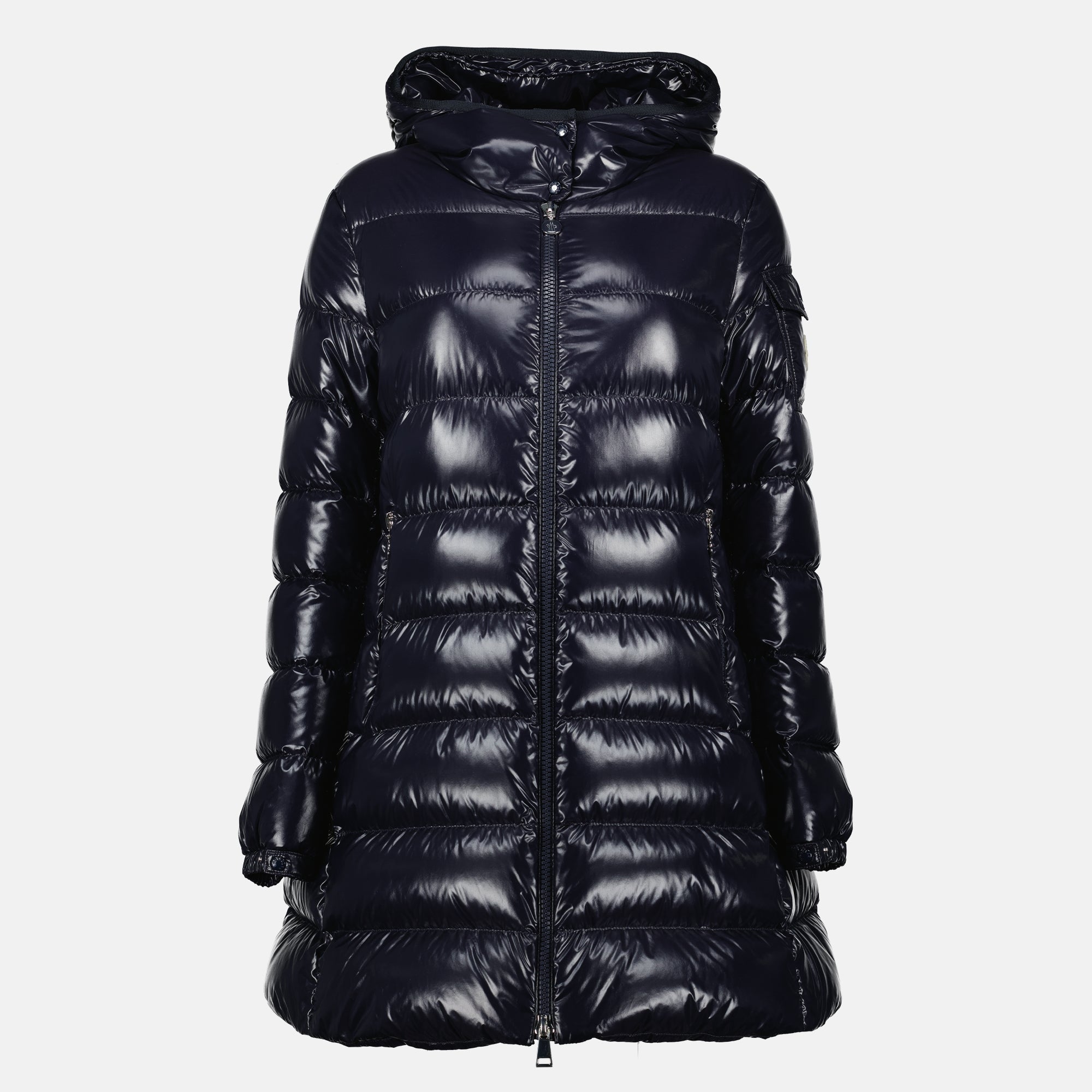 Moncler Courcelles jacket, mid-length down jacket, navy nylon jacket, women's outerwear, luxury fashion jacket